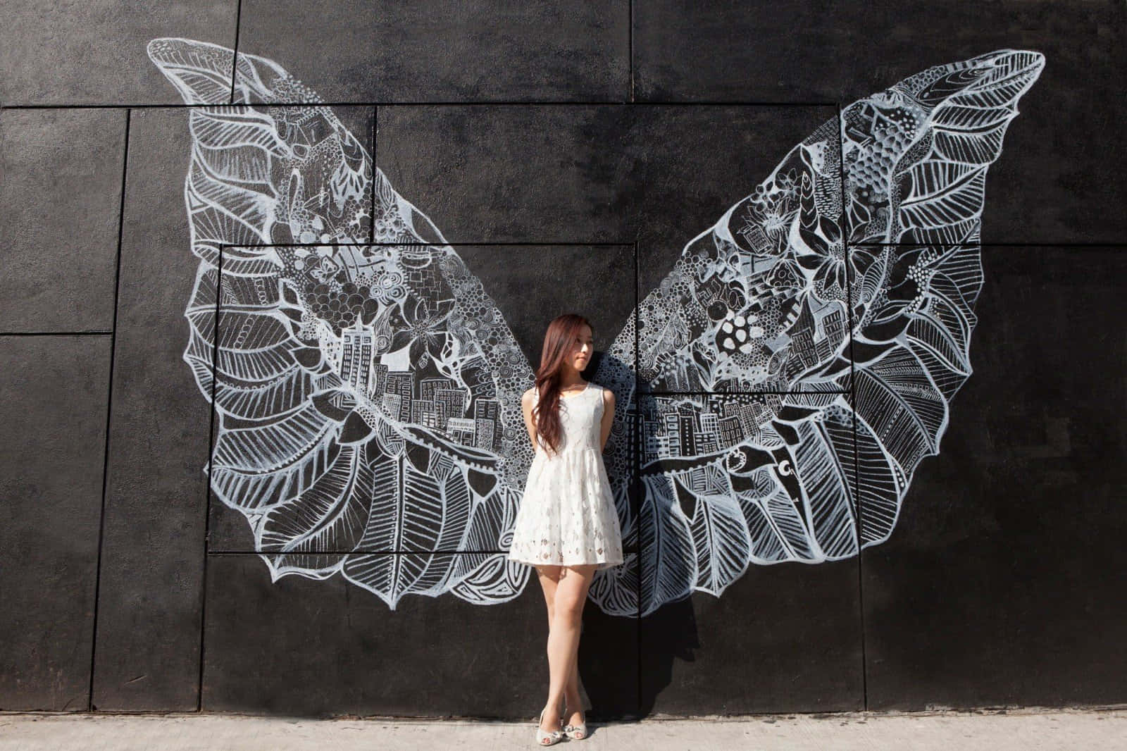 white dress, black wall, intricate white butterfly wings, HD Desktop Wallpaper