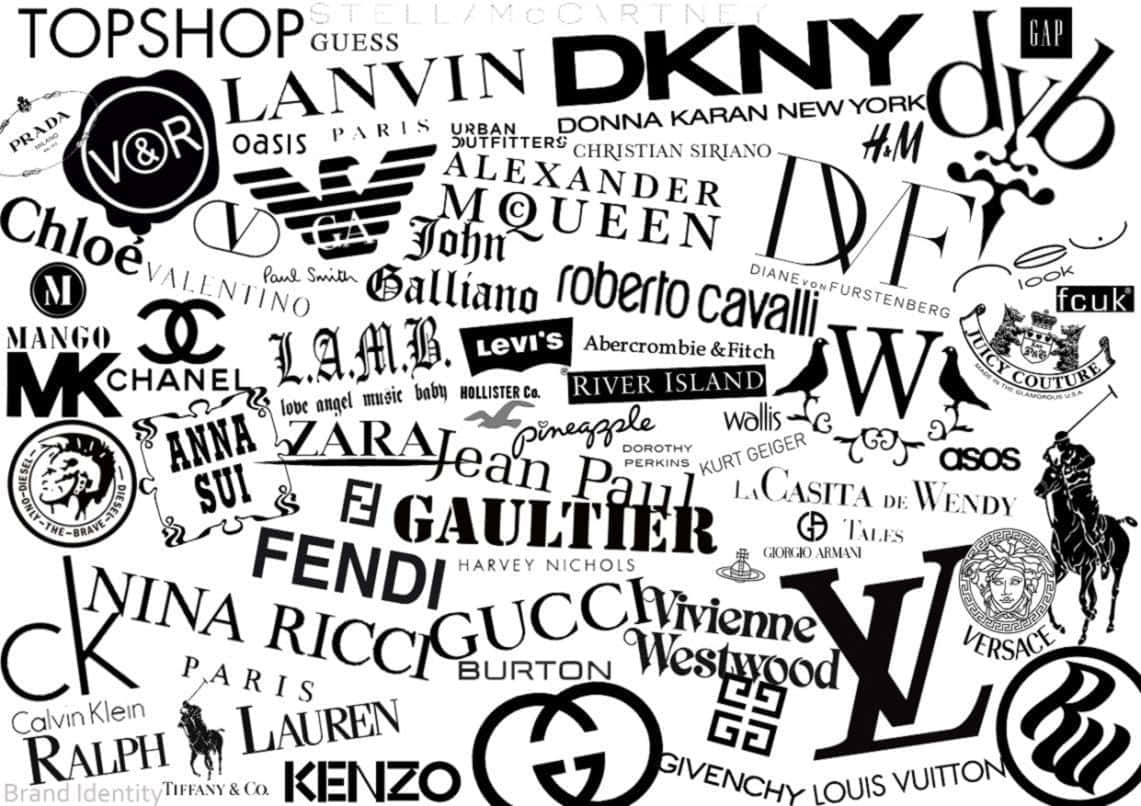 black and white collage, iconic fashion brand logos, chaotic stylish pattern, SD Desktop Wallpaper