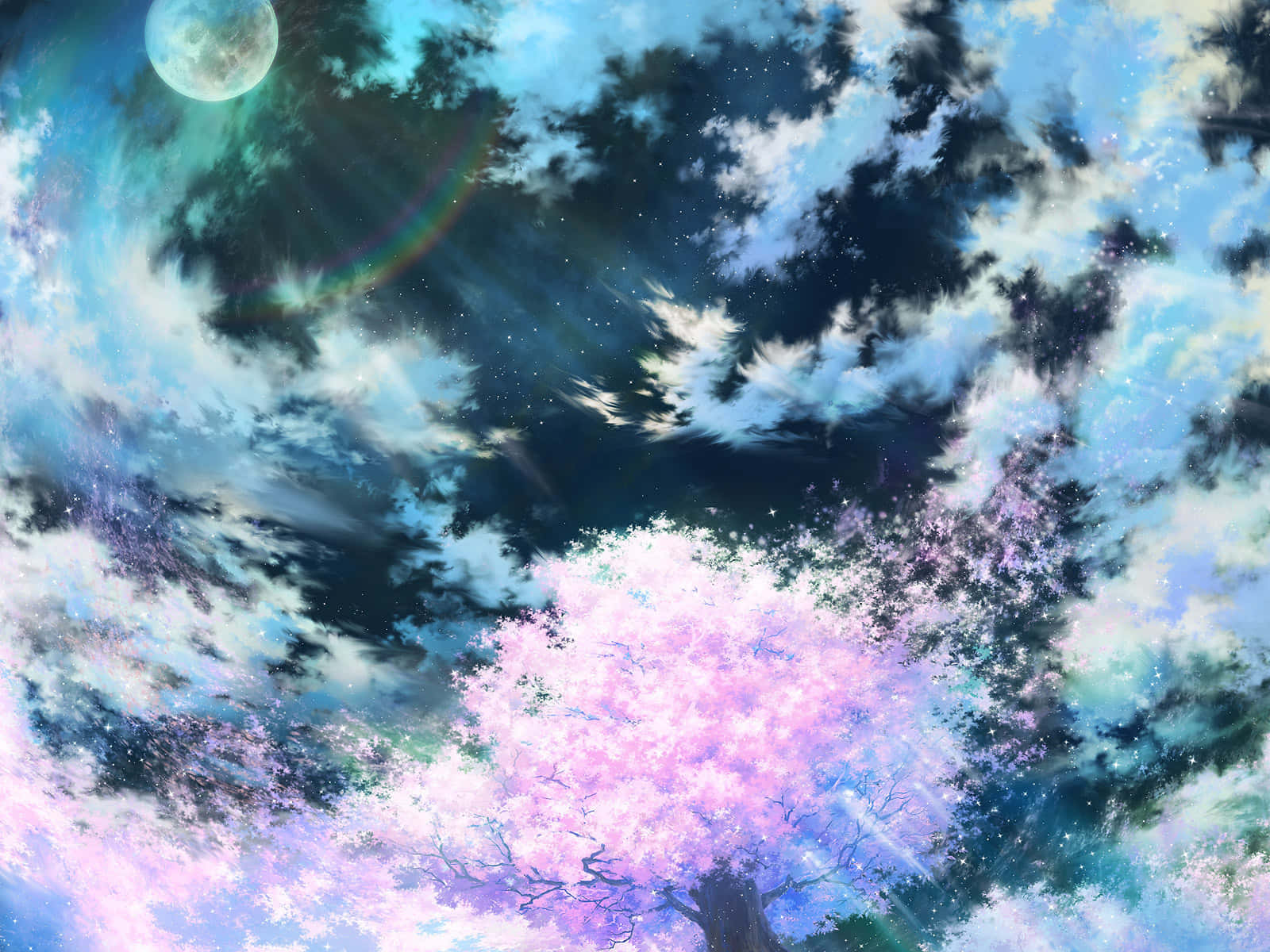 cherry blossom tree, starry twilight sky, glowing moon, HD Desktop Wallpaper