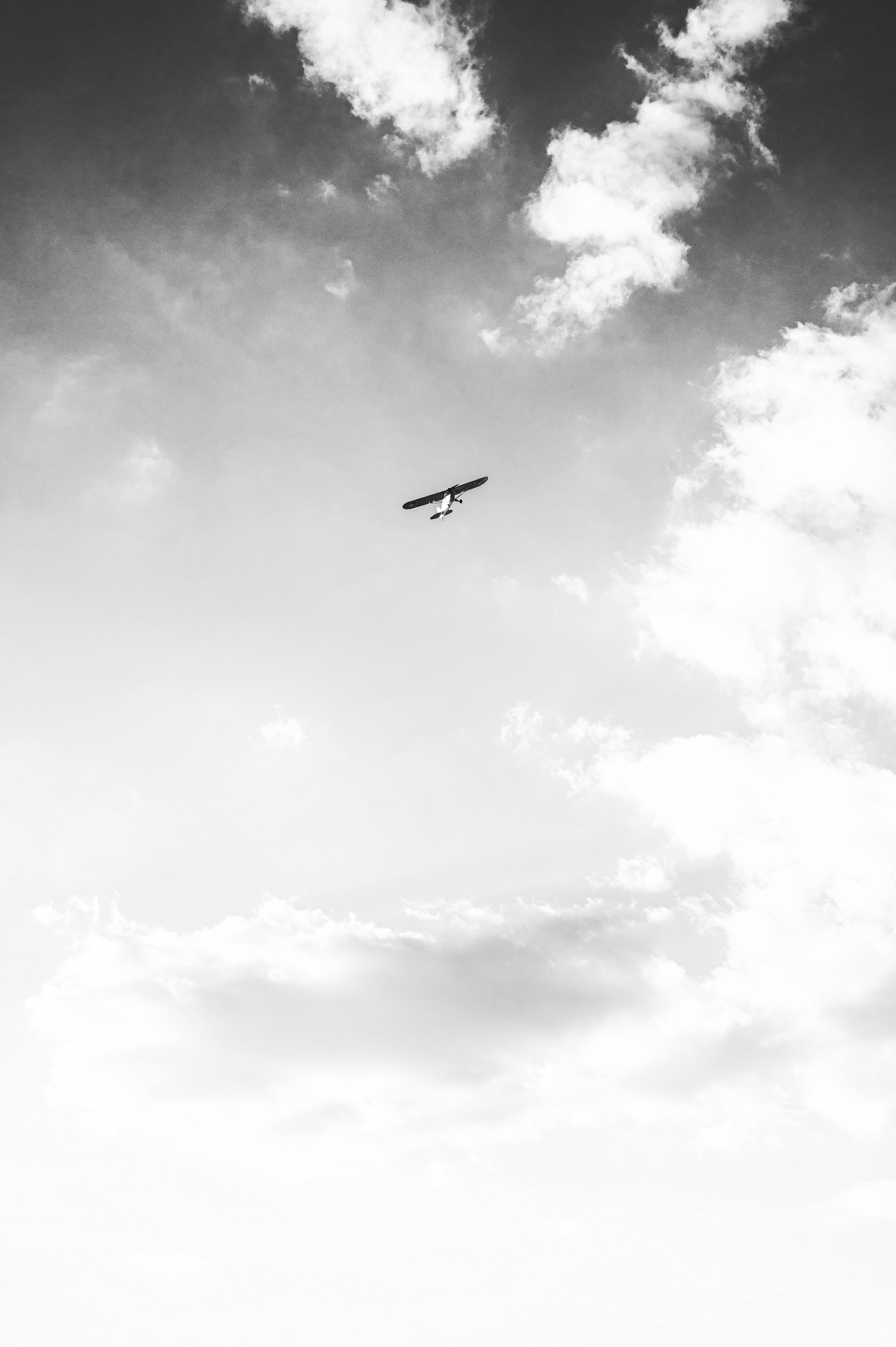 vintage airplane, monochrome sky, textured clouds, 5K Phone Wallpaper