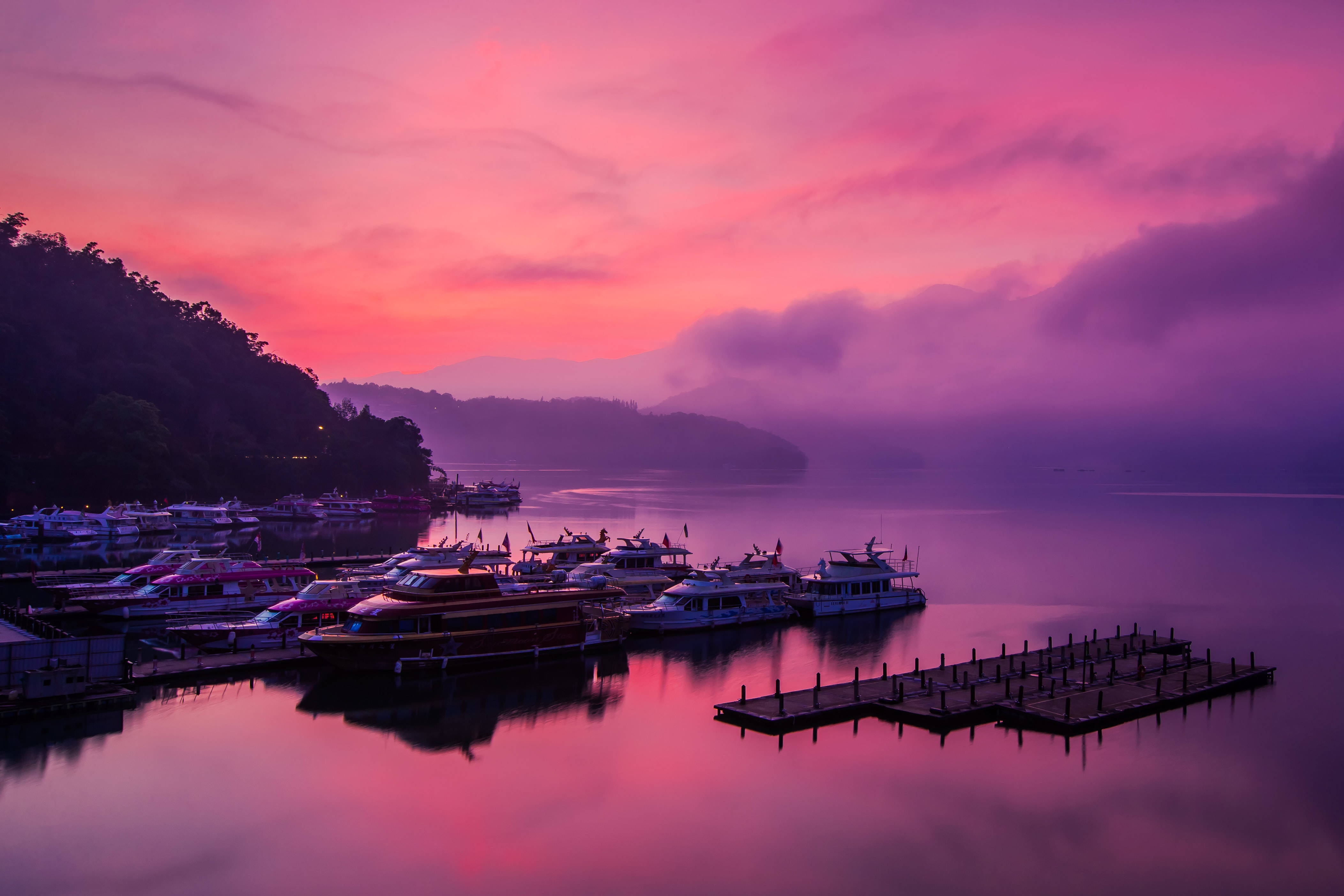 pink and purple skies, misty hills, serene lake, 4K Desktop Wallpaper