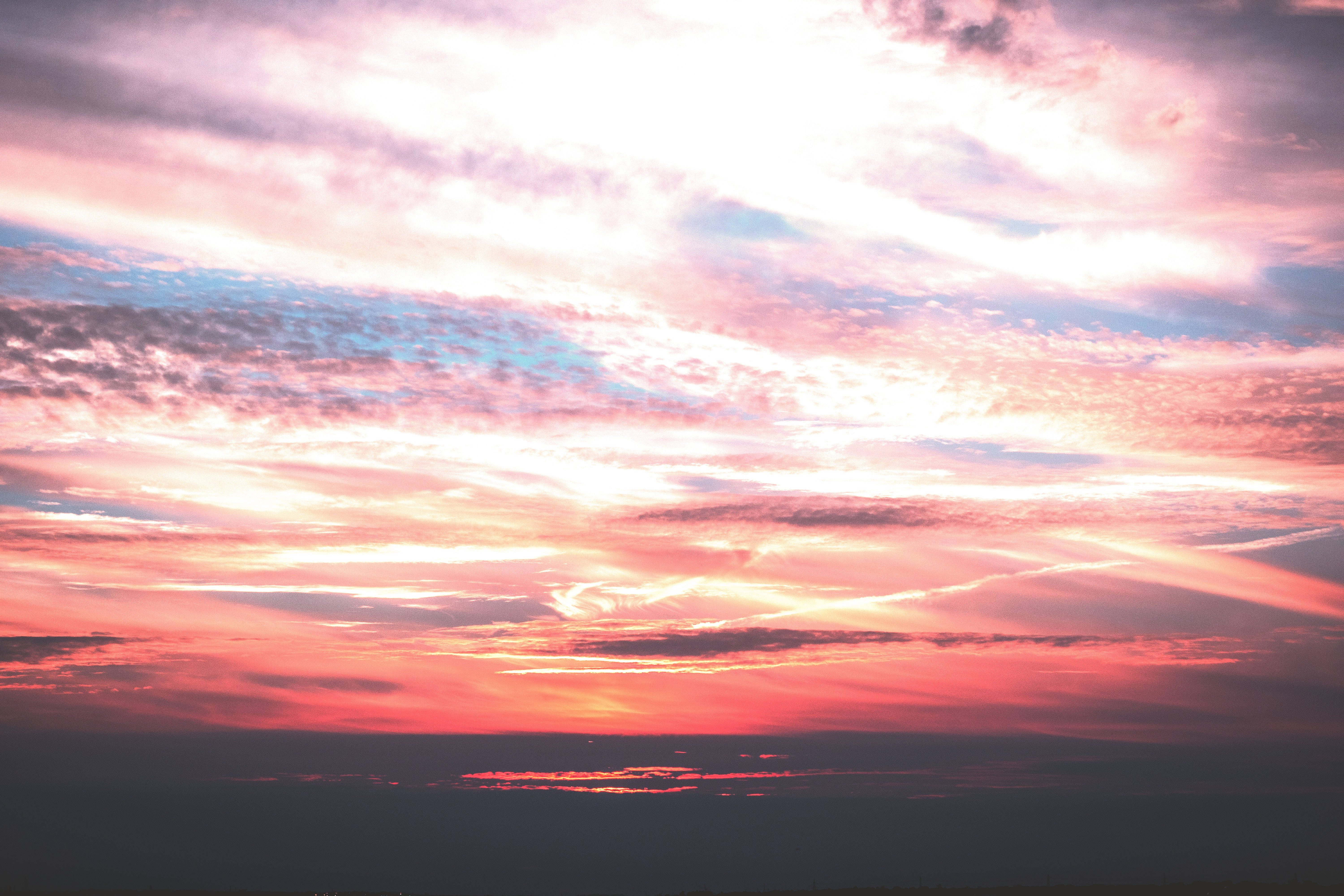 vivid sunset sky, pink orange clouds, soft blue clouds, 5K Desktop Wallpaper