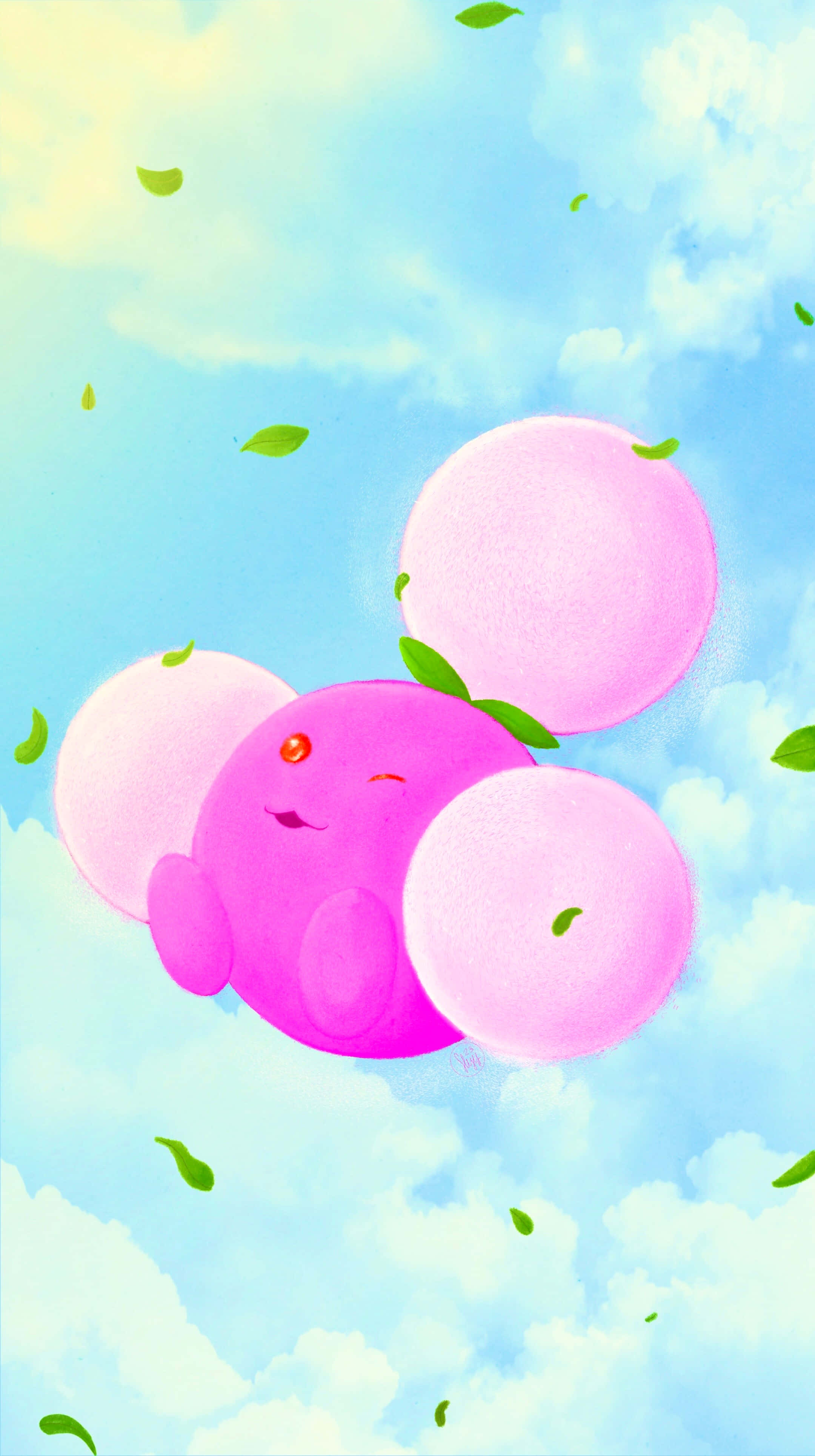 Shiny Jumpluff, leafy appendages, soft blue sky, 4K Phone Wallpaper
