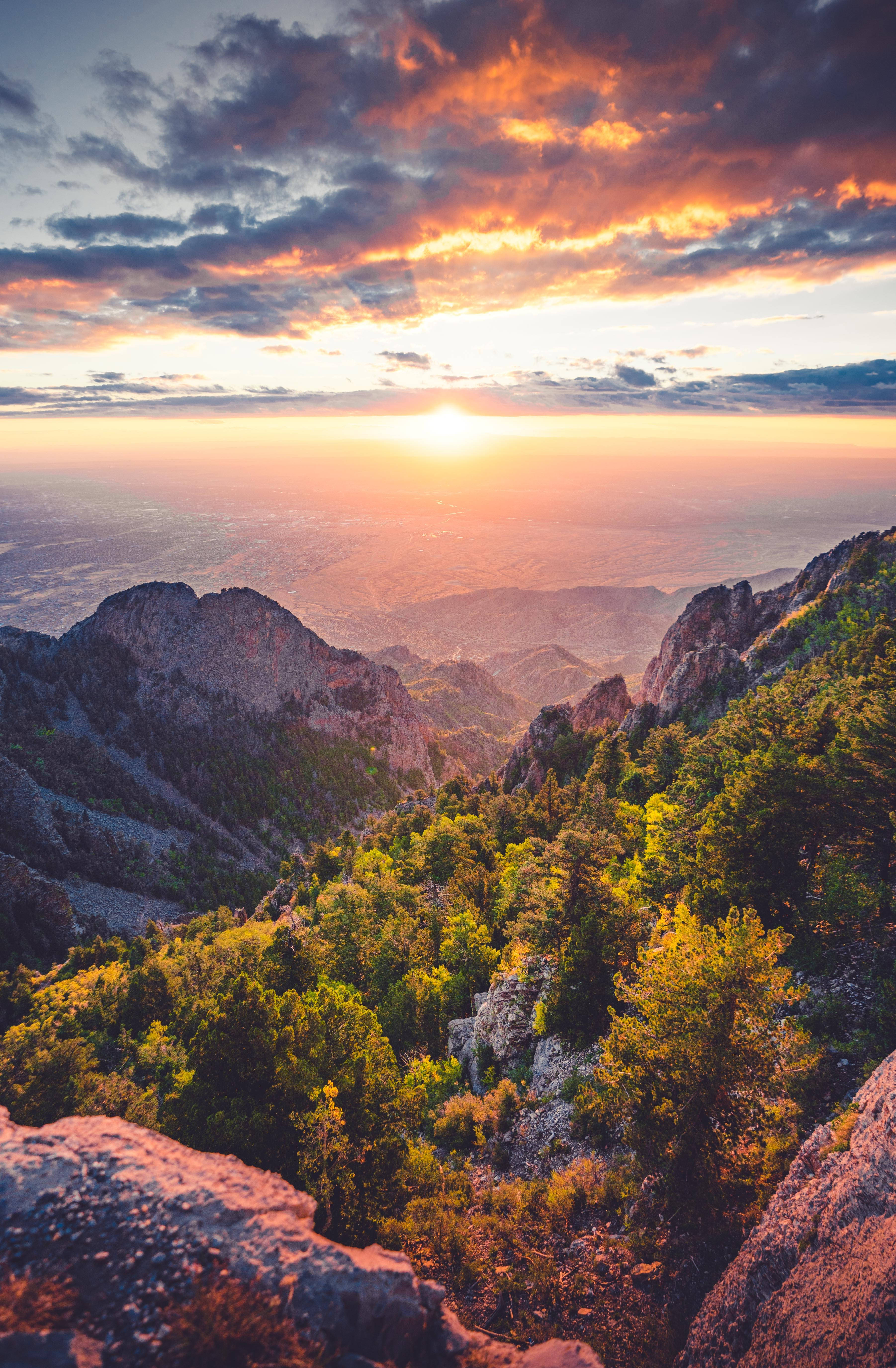 Sunset, mountain peaks, forest valleys, 5K Phone Wallpaper