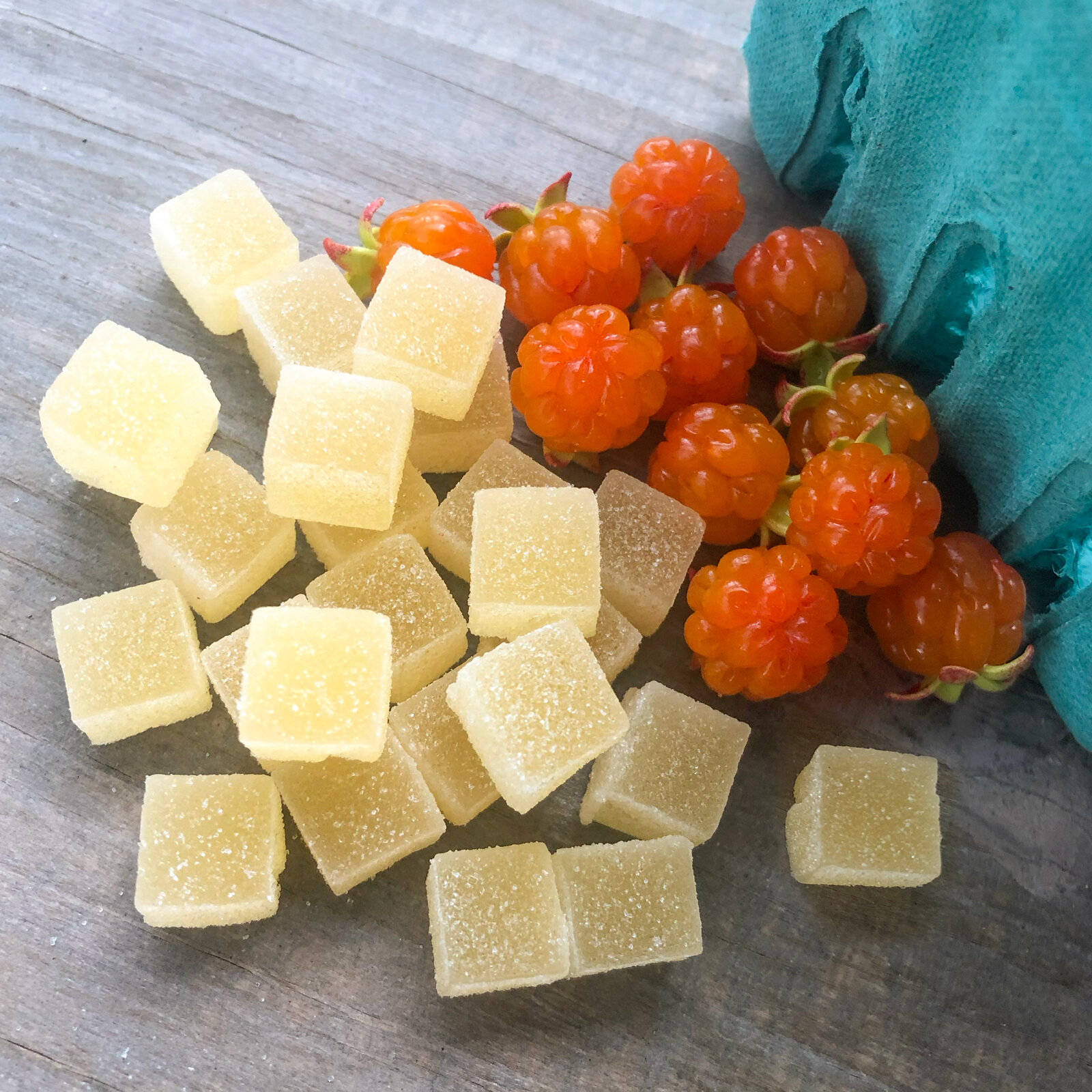 cloudberries gummy candies, yellow candy cubes, vibrant orange raspberries, HD Desktop Wallpaper