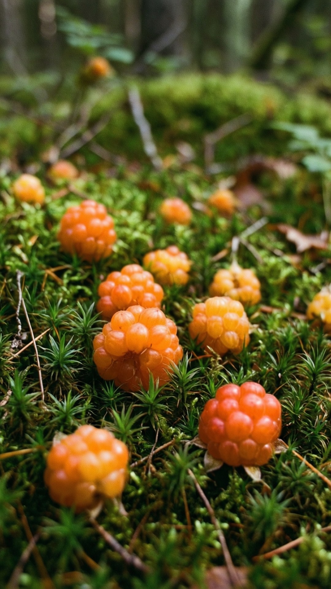 cloudberries, forest floor, lush green moss, Full HD Phone Wallpaper