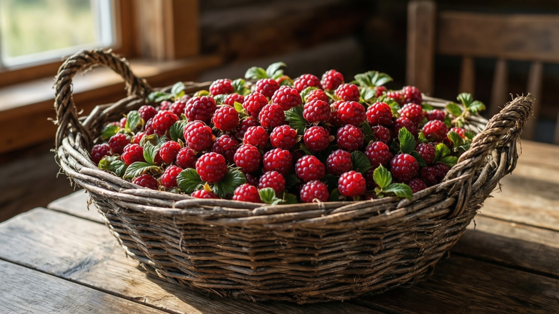 basket of cloudberries, woven basket, wooden table, Full HD Desktop Wallpaper