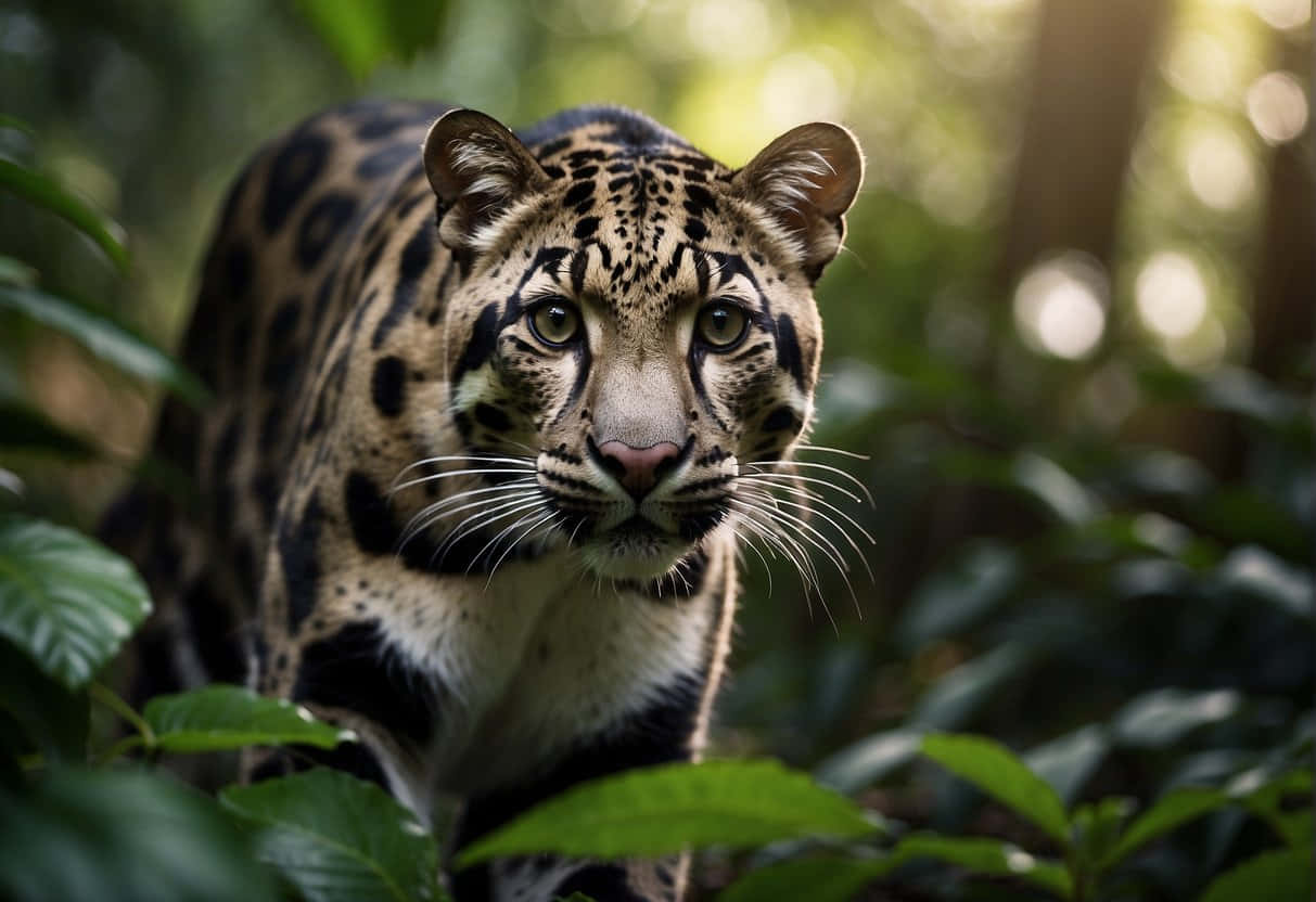 clouded leopard, dense green jungle foliage, spotted fur, SD Desktop Wallpaper
