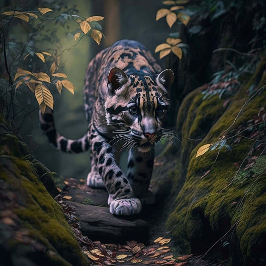clouded leopard, mossy forest path, autumn leaves, SD Desktop Wallpaper