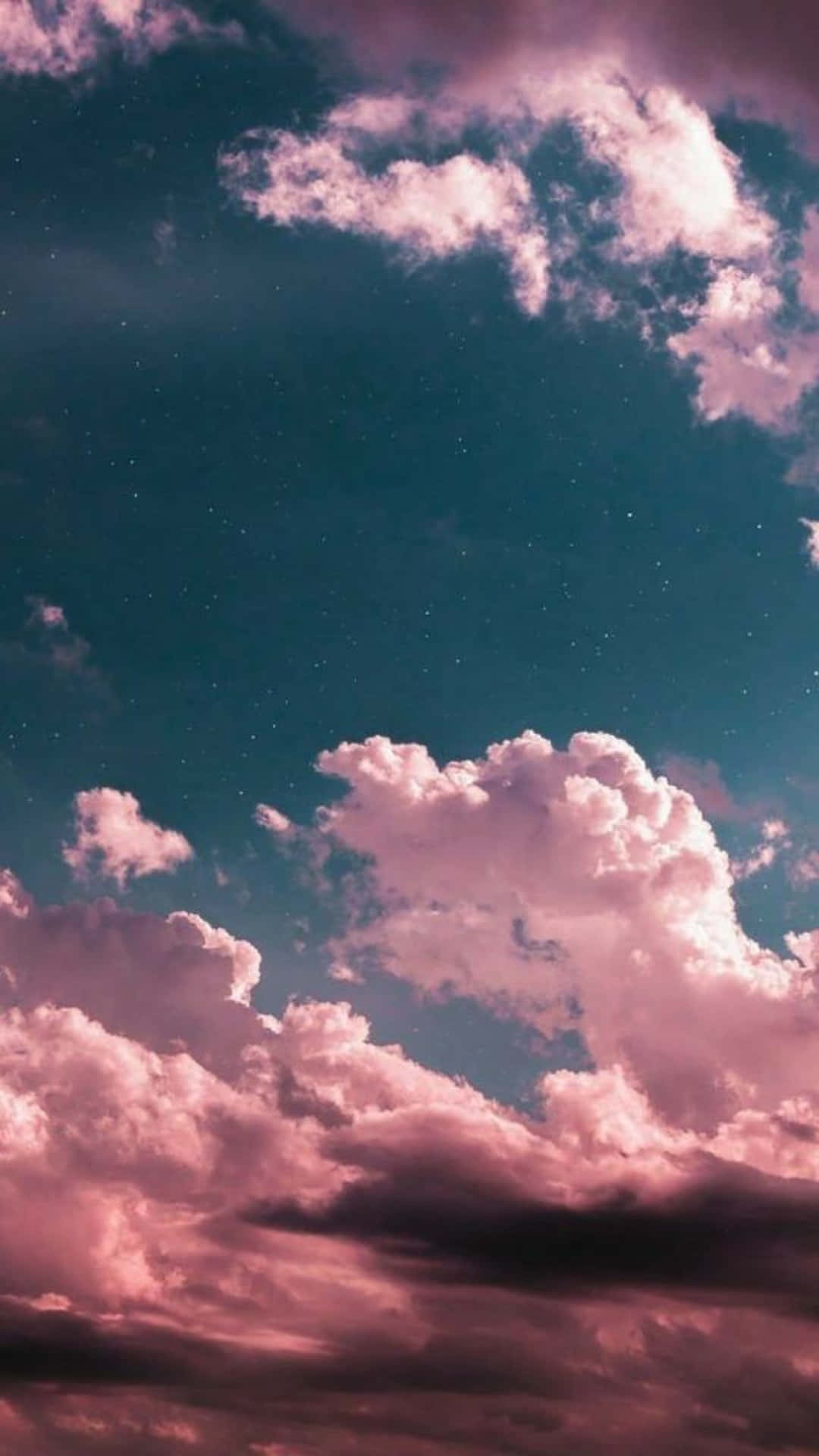 pink clouds, teal night sky, stars, Full HD Phone Wallpaper