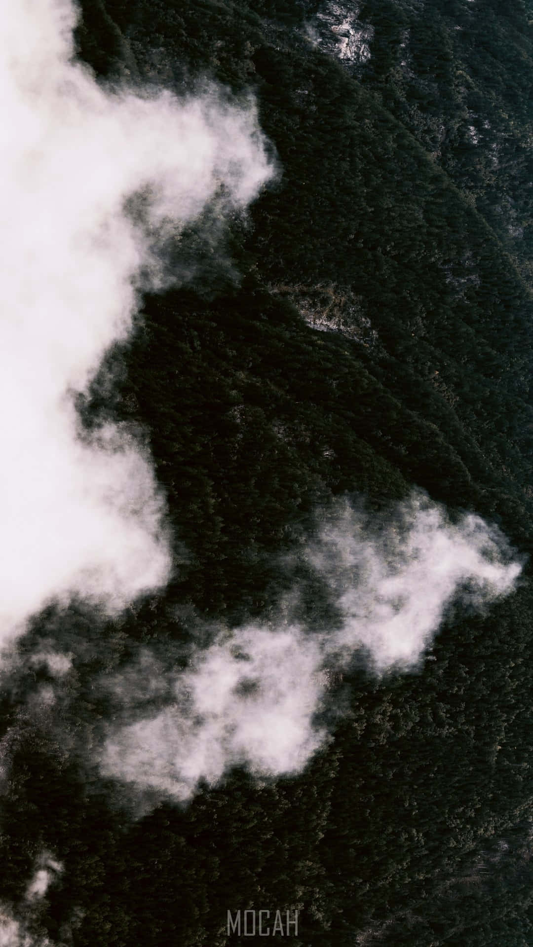 dense forested mountains, swirling white clouds, monochrome tones, Full HD Phone Wallpaper