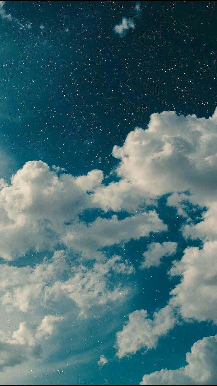 starry night sky, fluffy white clouds, deep teal heavens, HD Phone Wallpaper