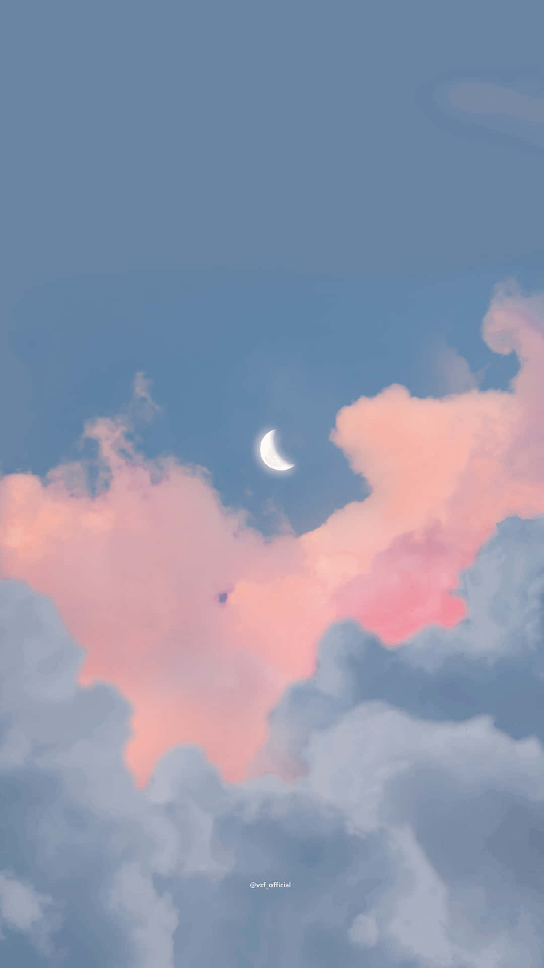 crescent moon, pastel pink and blue clouds, dreamy twilight sky, Full HD Phone Wallpaper