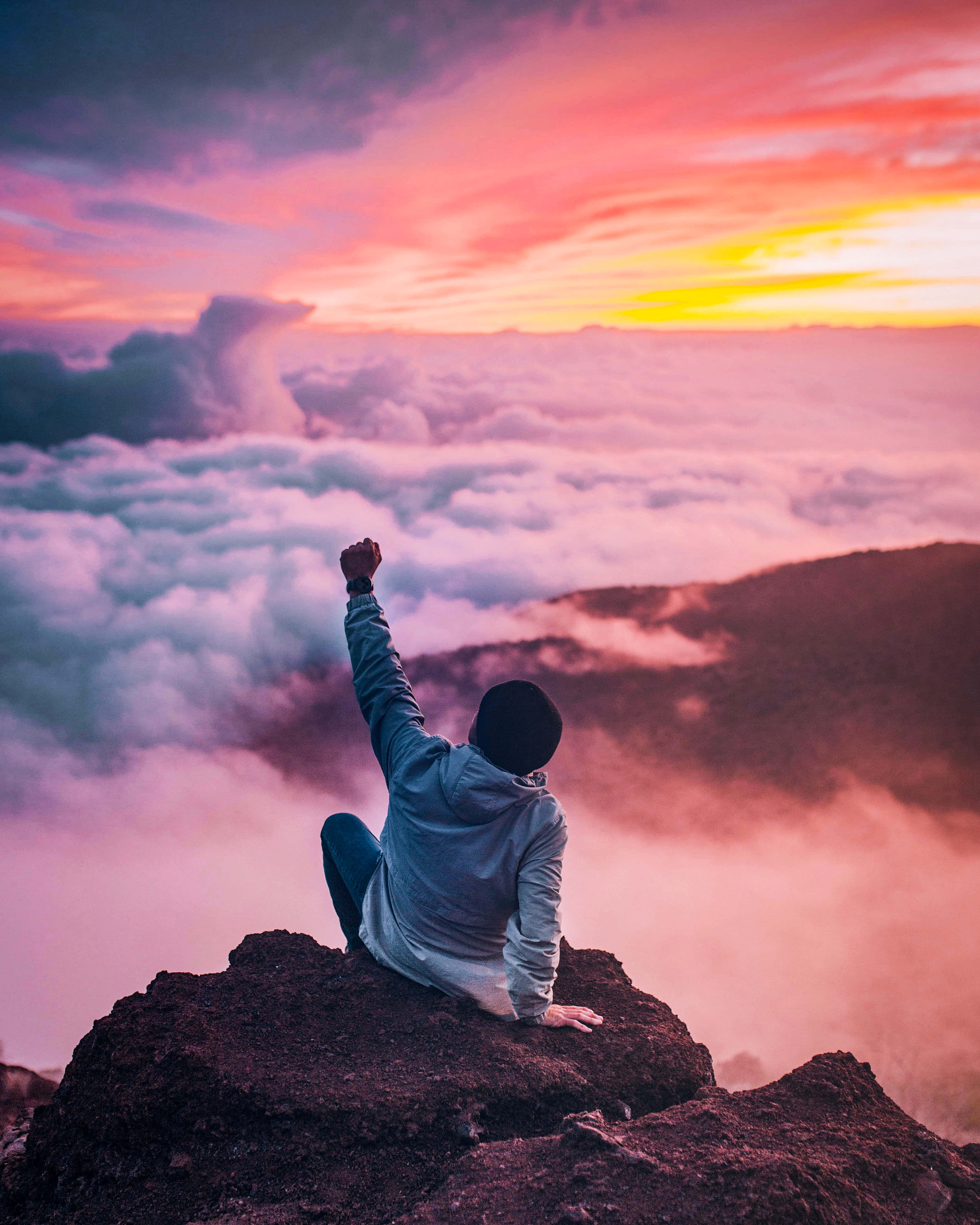 rocky peak, vibrant pink and orange sunrise, clouds, 4K Phone Wallpaper