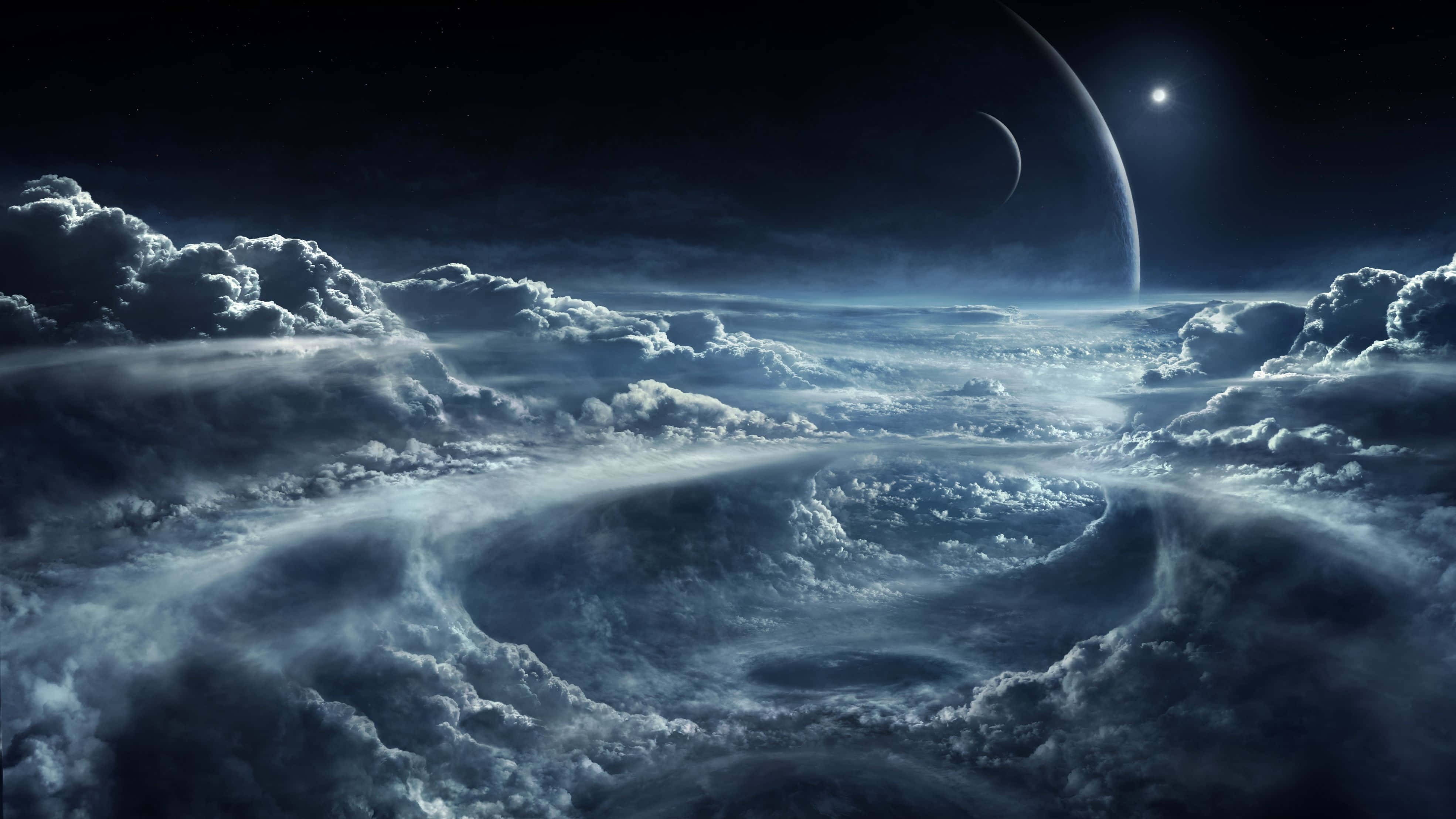 Clouds 4K, crescent moon, distant planet, 4K Desktop Wallpaper