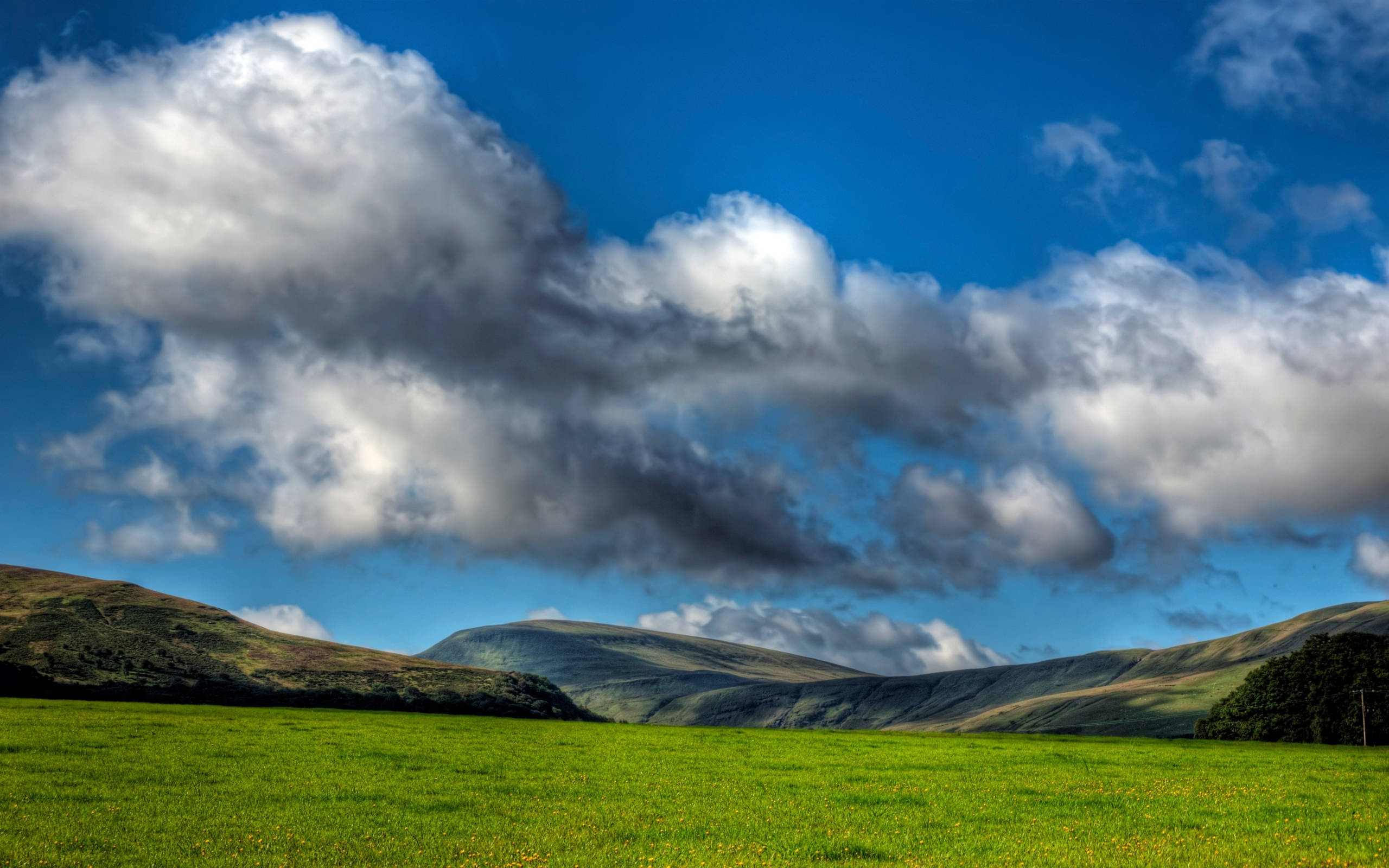 Dark Clouds Aesthetics, green meadow, dramatic sky, 2K Desktop Wallpaper