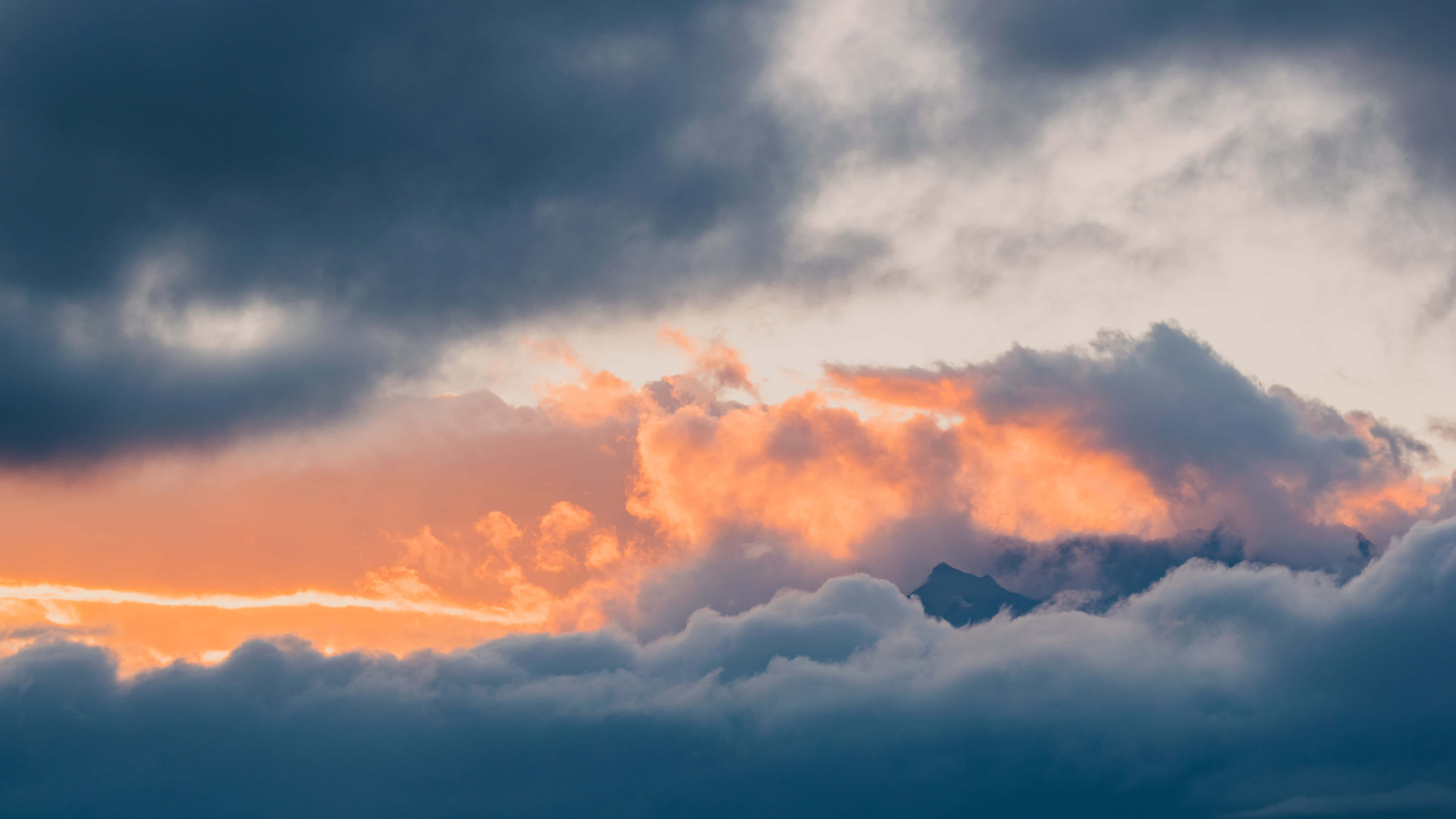 Dark Clouds Calms, dramatic sunset, fiery orange, 5K Desktop Wallpaper
