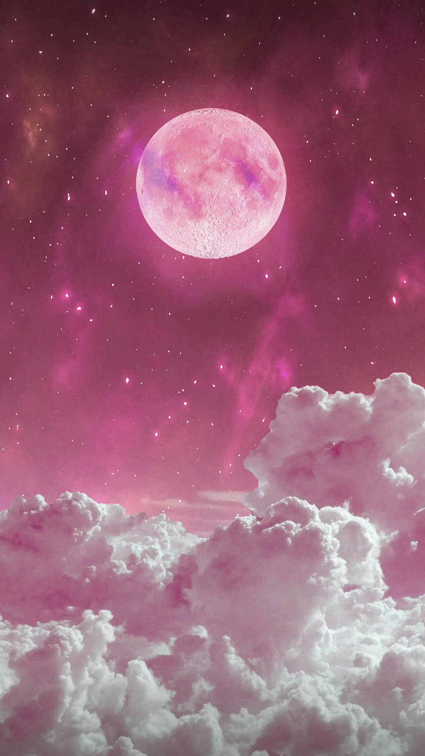 moon phone pink art, pink moon, fluffy clouds, 2K Phone Wallpaper