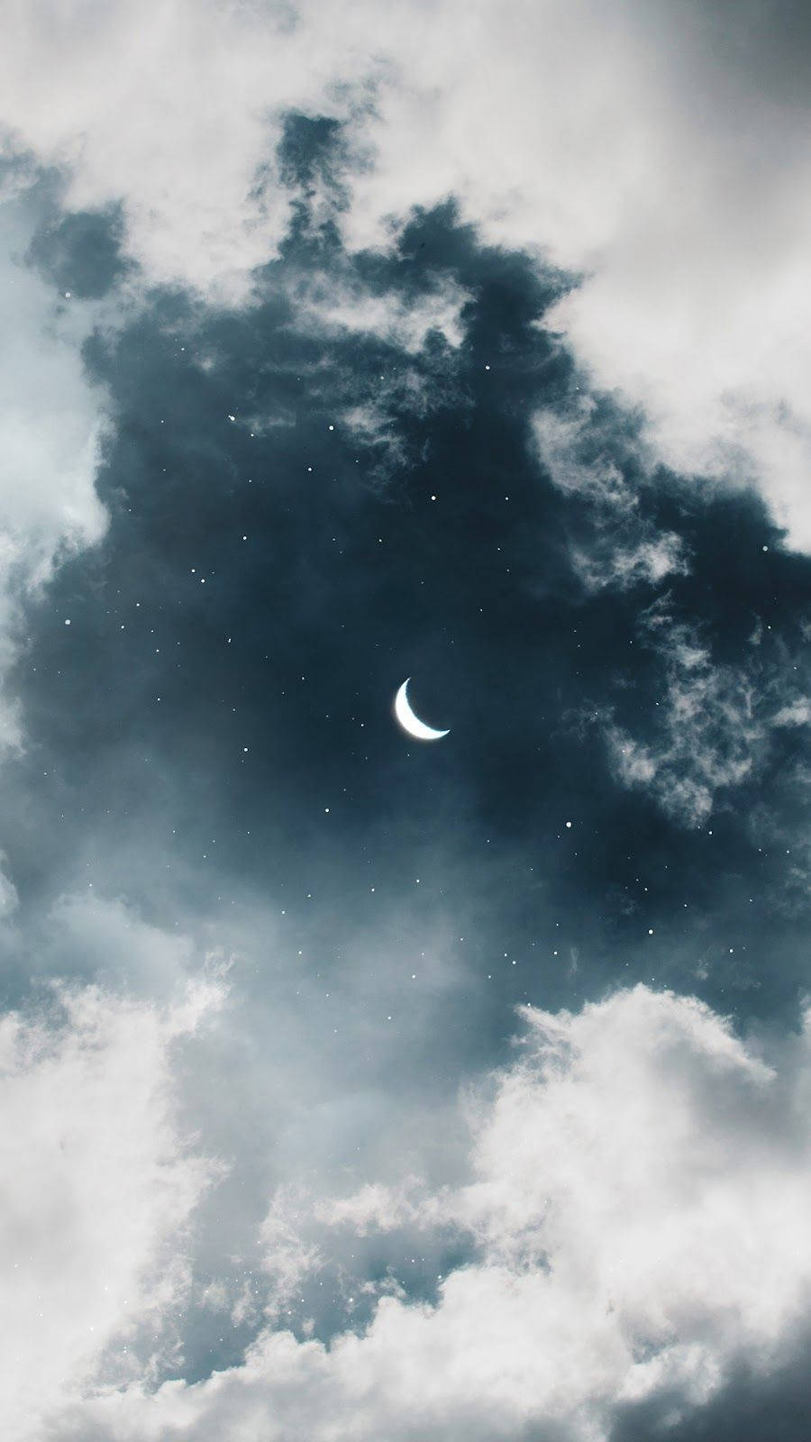 crescent moon, swirling clouds, scattered stars, HD Phone Wallpaper