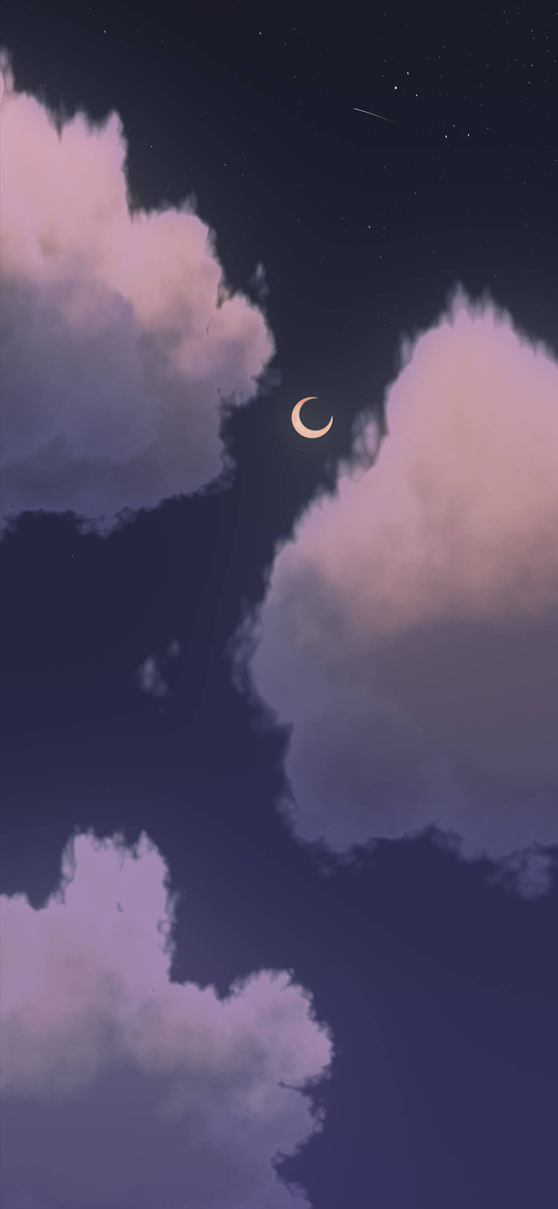 crescent moon, dreamy purple and pink clouds, starry night sky, Full HD Phone Wallpaper