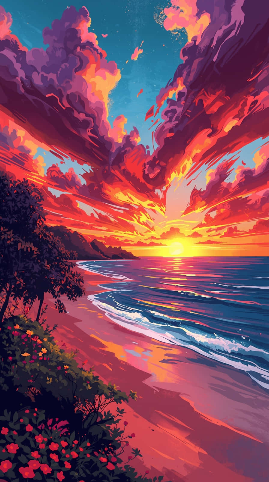 serene sunset seascape, anime style, fiery orange and purple clouds, HD Phone Wallpaper