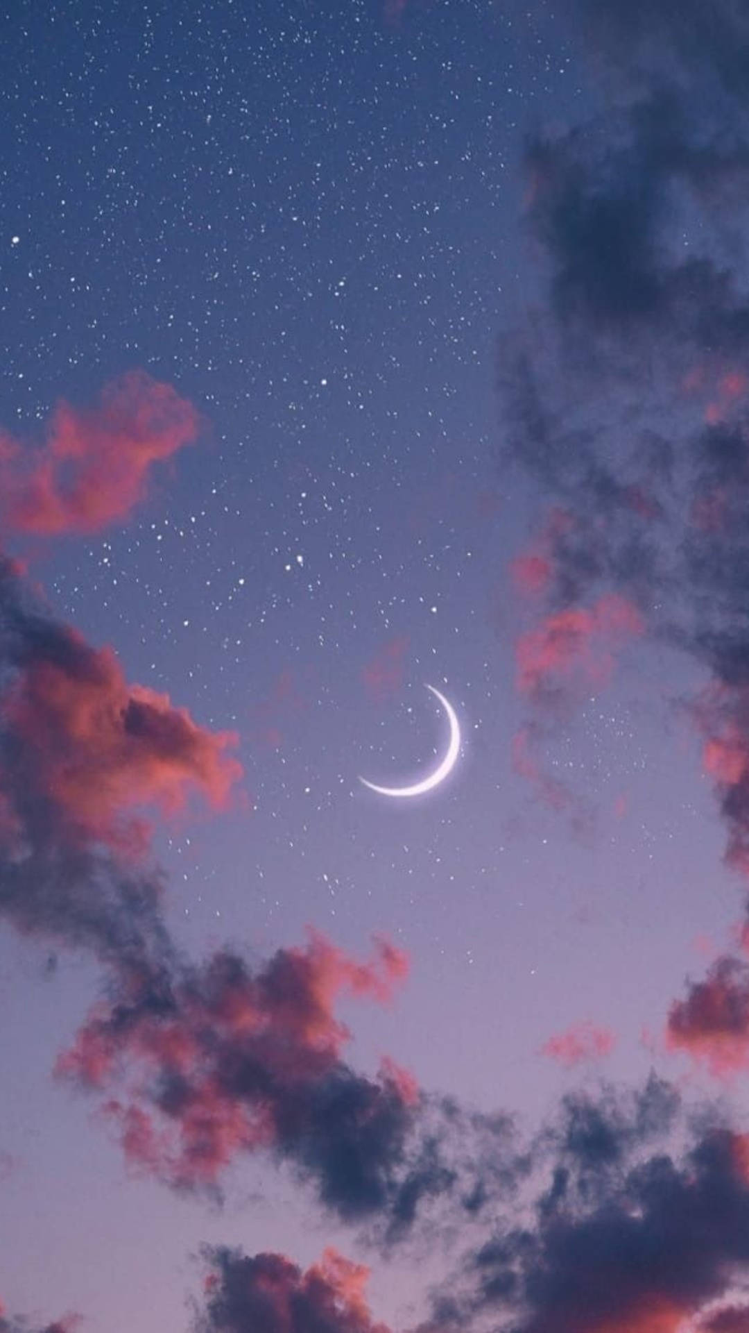 crescent moon, starry twilight sky, soft pink and purple clouds, Full HD Phone Wallpaper