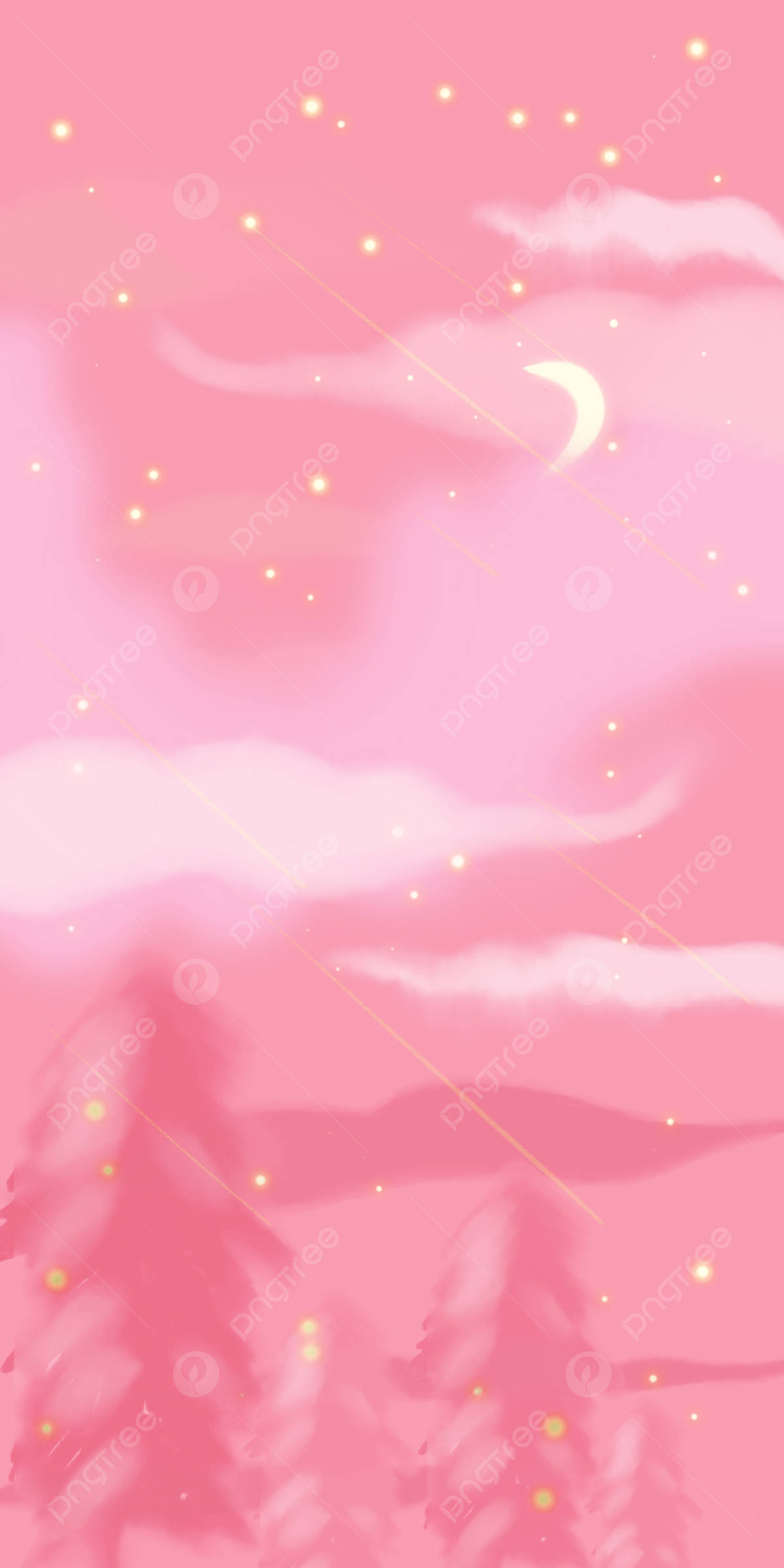 pink sky, crescent moon, glowing stars, Full HD Phone Wallpaper