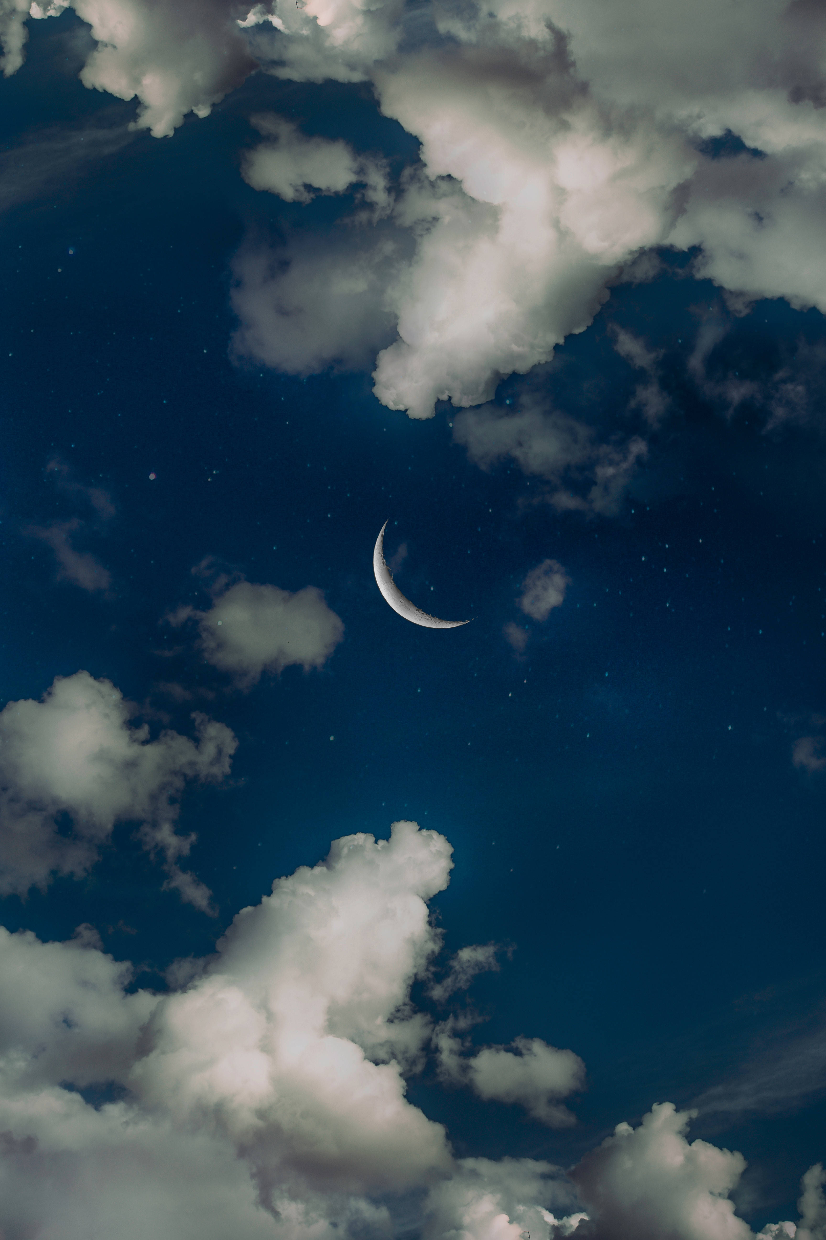 Moon And Clouds Phone, crescent moon, deep blue night sky, 5K Phone Wallpaper