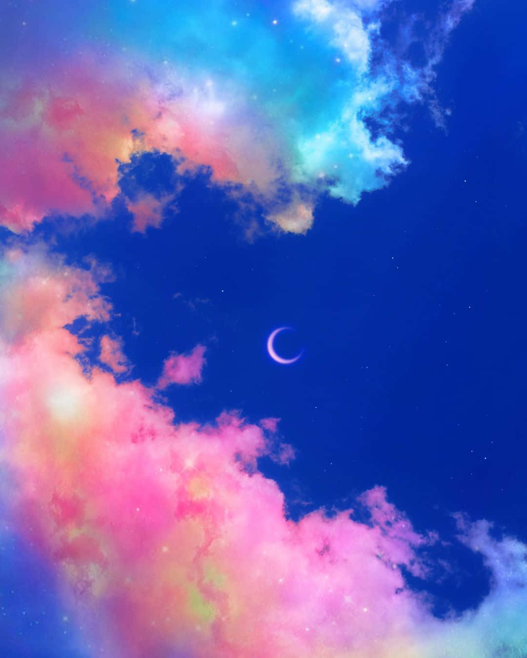crescent moon, vibrant pink and blue cosmic clouds, starry night sky, HD Phone Wallpaper