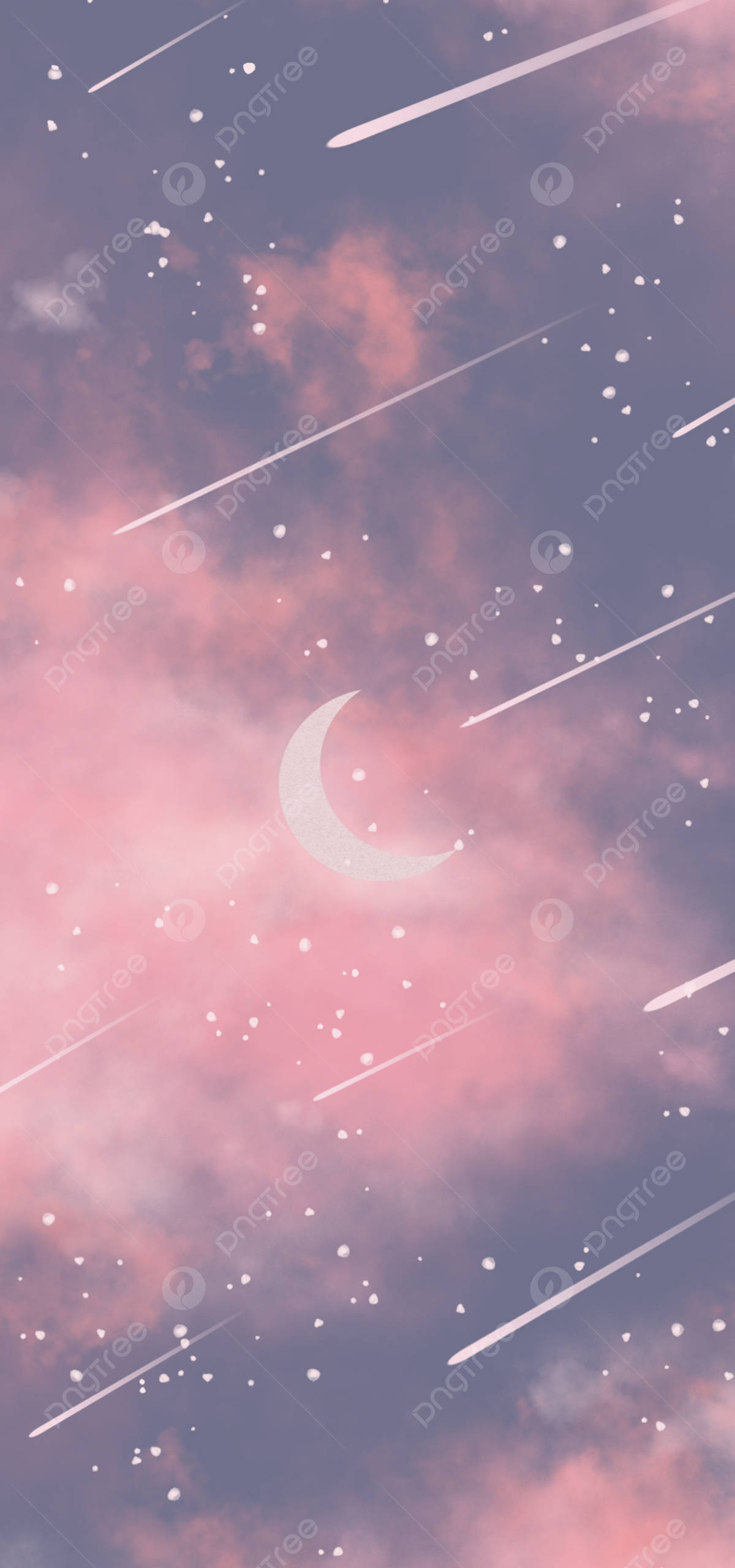 pink sky, crescent moon, streaking meteors, 2K Phone Wallpaper