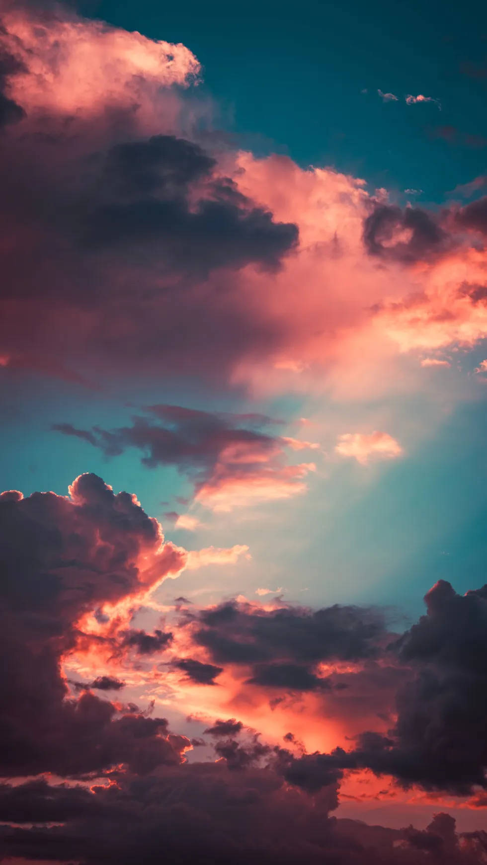 cloudy sky, vibrant pink and orange clouds, deep teal sky, HD Phone Wallpaper