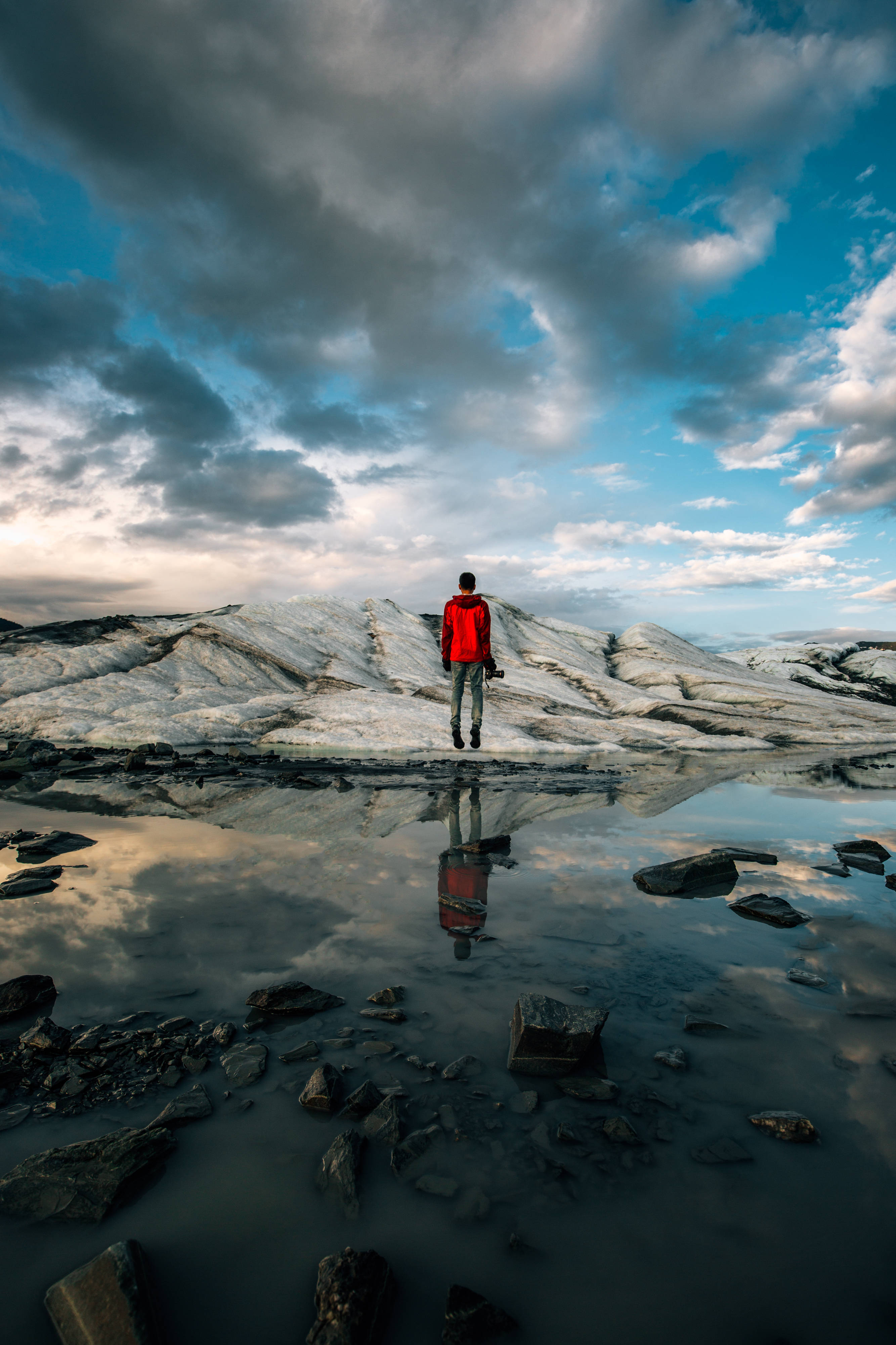 Clouds And Mountains HD Phone, red jacket, snowy mountain ridge, 4K Phone Wallpaper