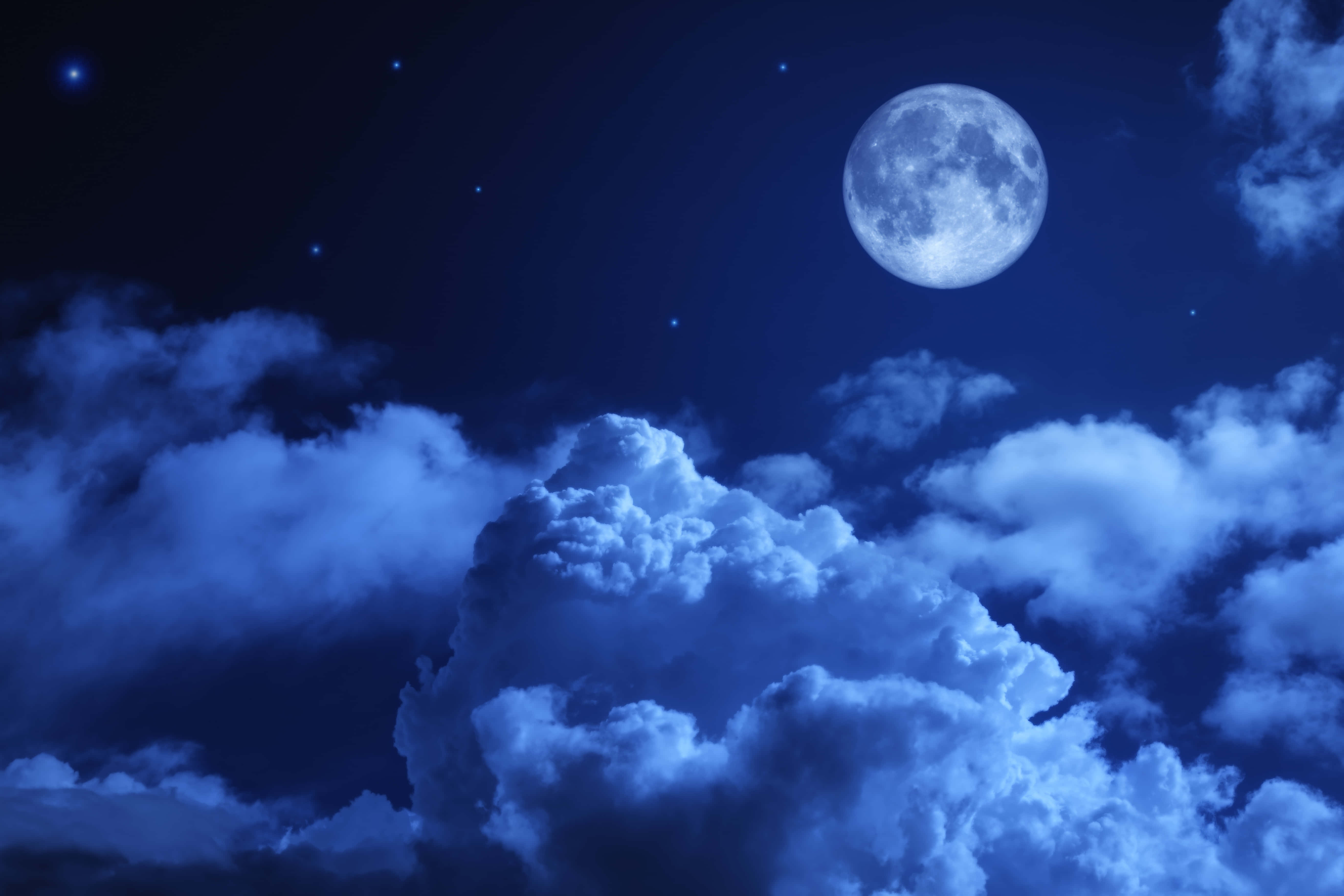 fluffy clouds, night sky, moon, 5K Desktop Wallpaper