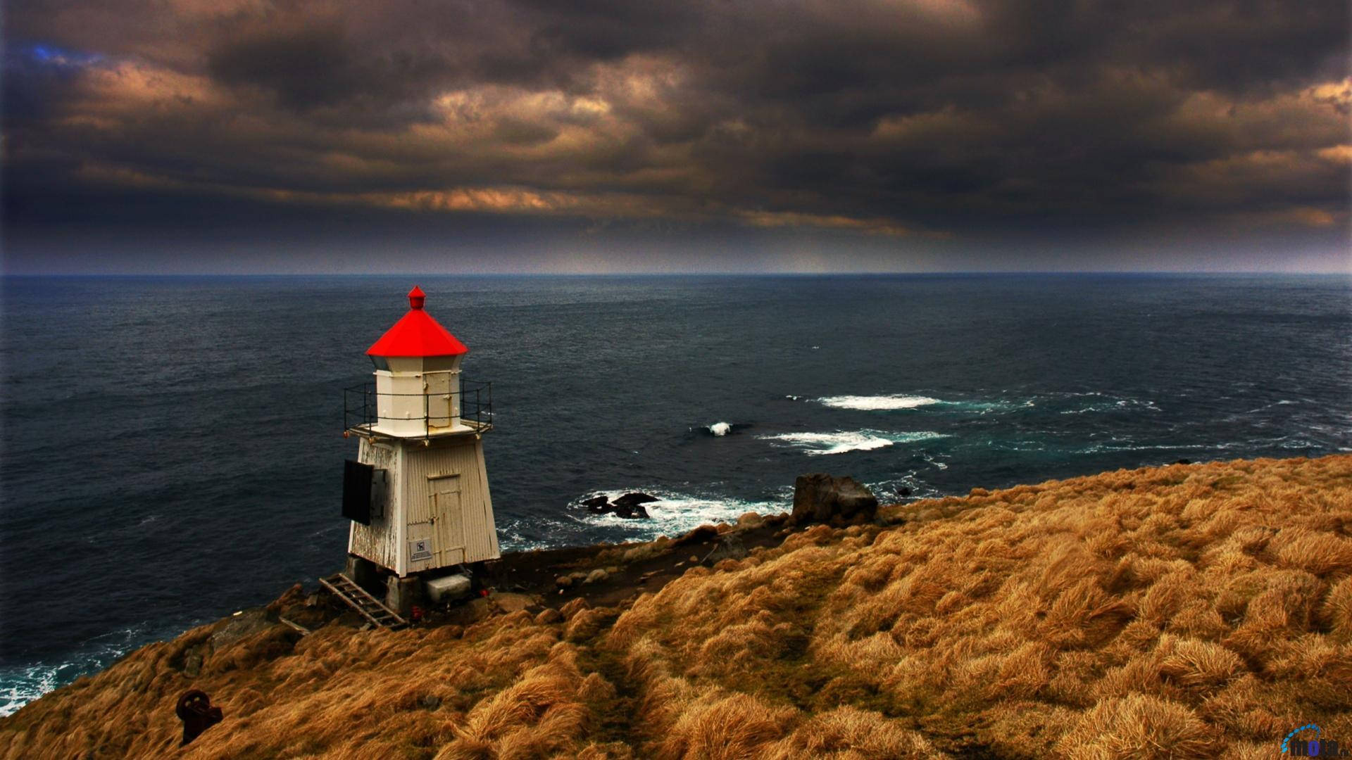 red roof, white lighthouse, windswept cliff, Full HD Desktop Wallpaper