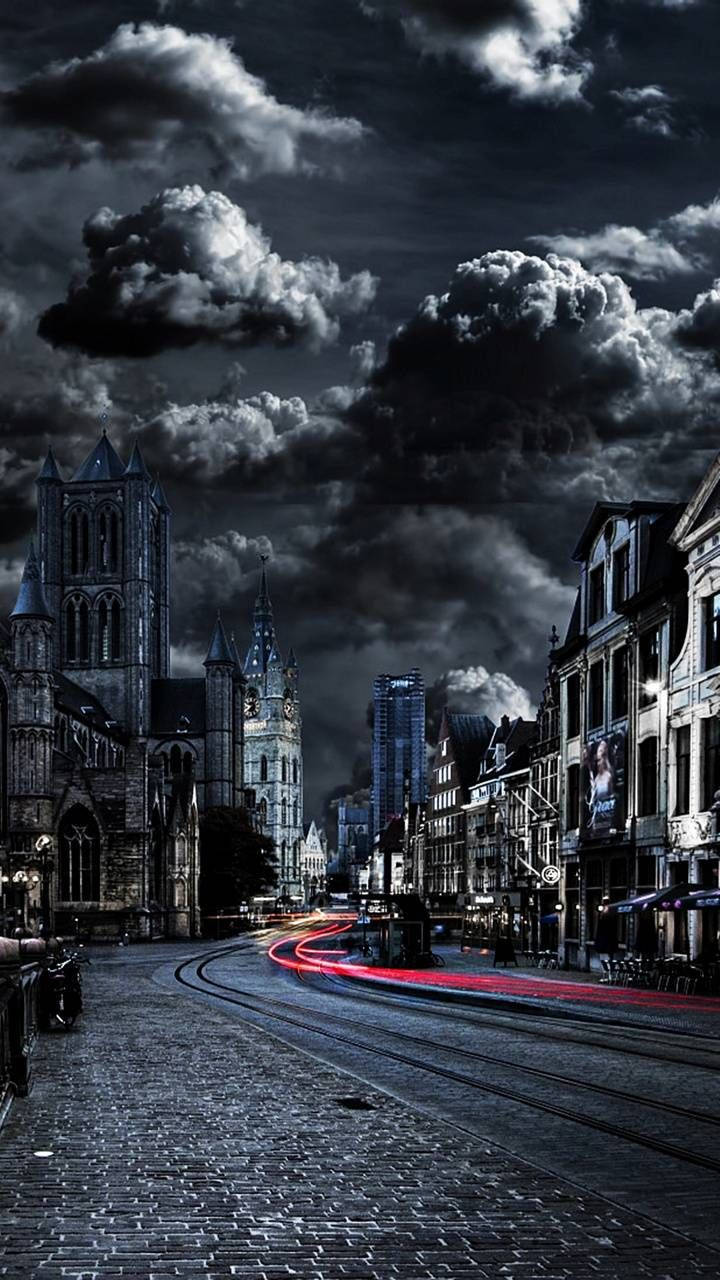 Black Day Cloudy City, moody cobblestone street, dramatic clouds, HD Phone Wallpaper