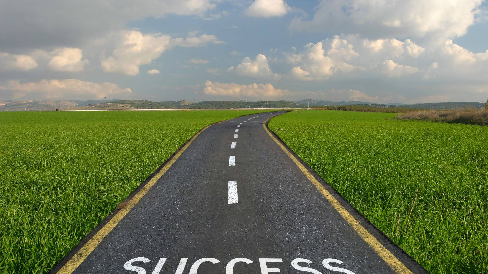 SUCCESS, winding asphalt road, vibrant green fields, Full HD Desktop Wallpaper