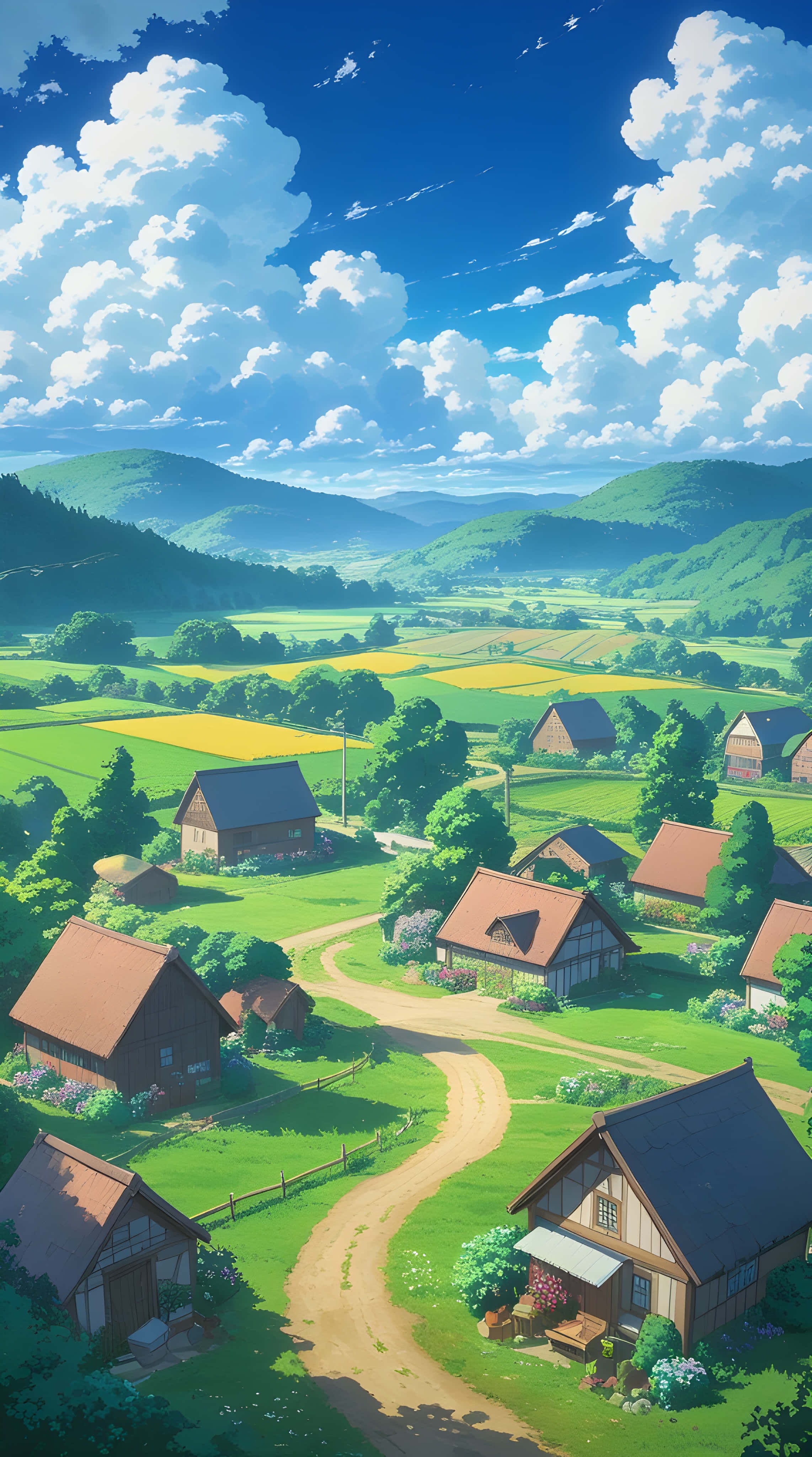 village, lush green hills, bright blue sky, 4K Phone Wallpaper