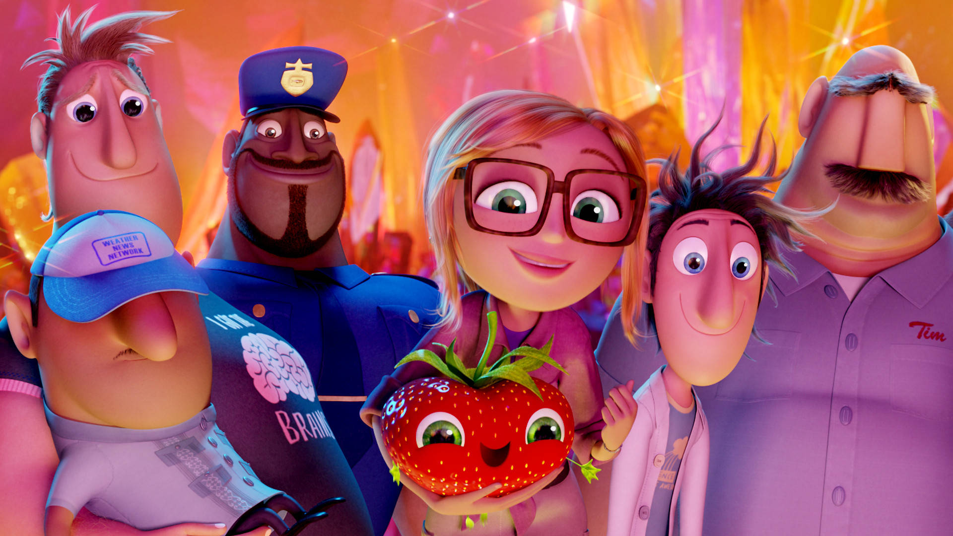 Cloudy With A Chance Of Meatballs 2, strawberry with eyes, police officer, Full HD Desktop Wallpaper