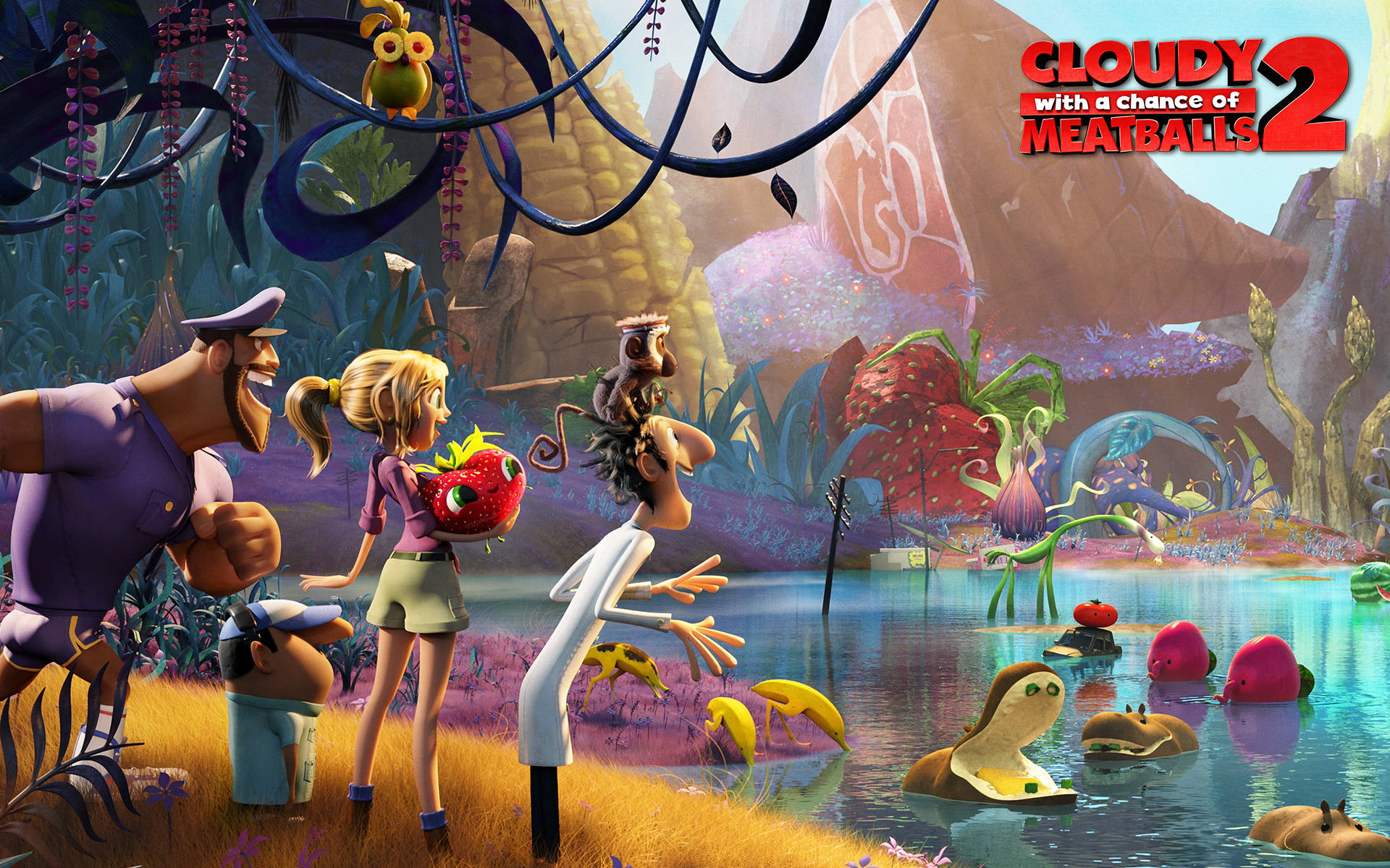 Cloudy With A Chance Of Meatballs 2, meatball creatures, giant fruit plants, Full HD Desktop Wallpaper