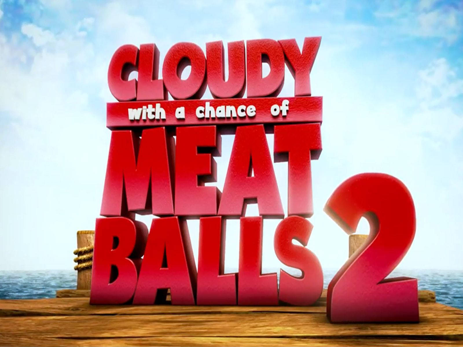 Cloudy With A Chance Of Meatballs 2, red 3d letters, wooden pier, HD Desktop Wallpaper