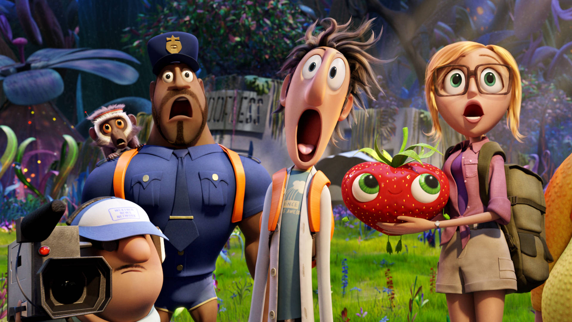 Cloudy With A Chance Of Meatballs 2, strawberry with eyes, police officer, Full HD Desktop Wallpaper