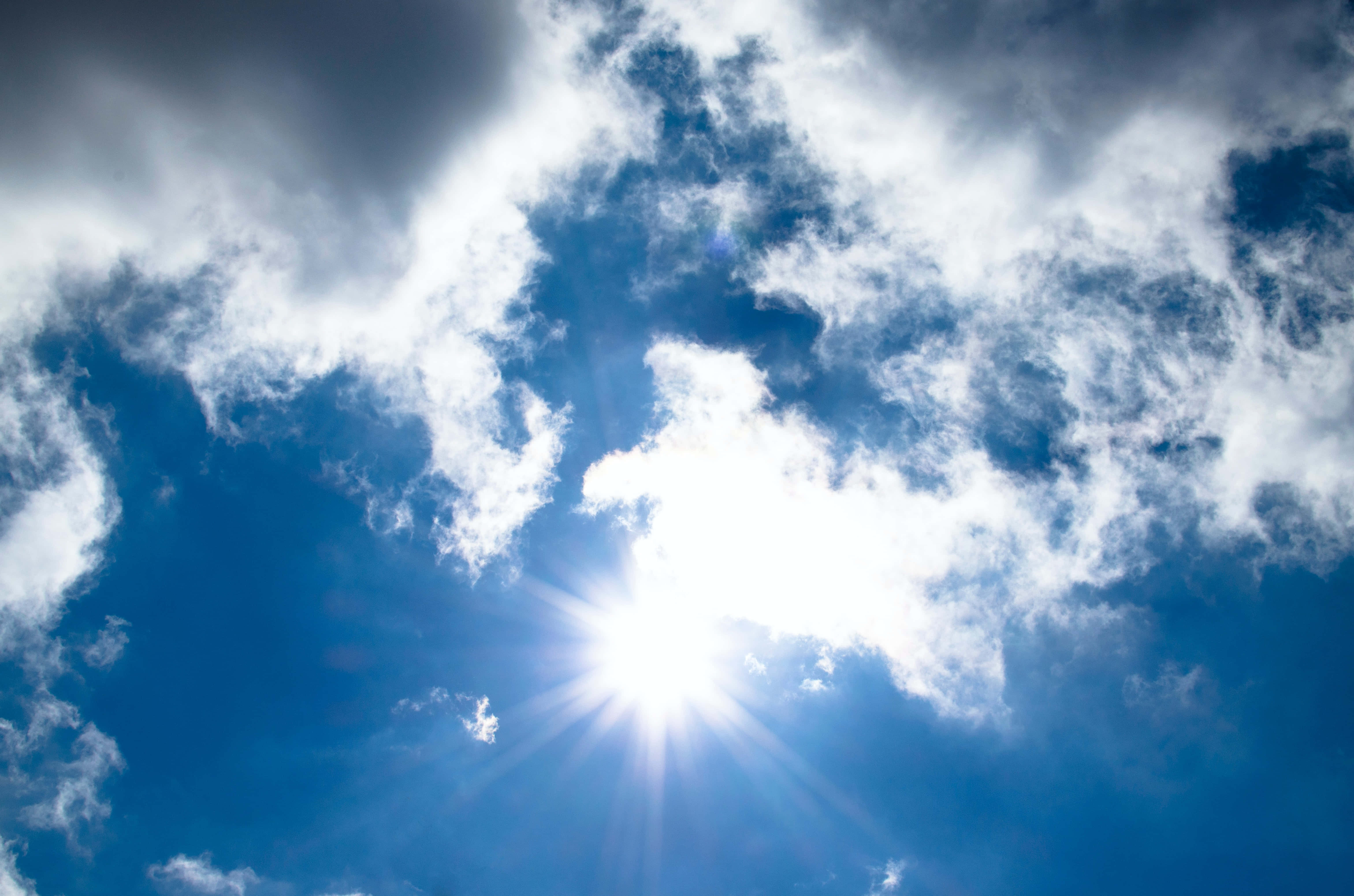 sunburst, white clouds, vivid blue sky, 5K Desktop Wallpaper
