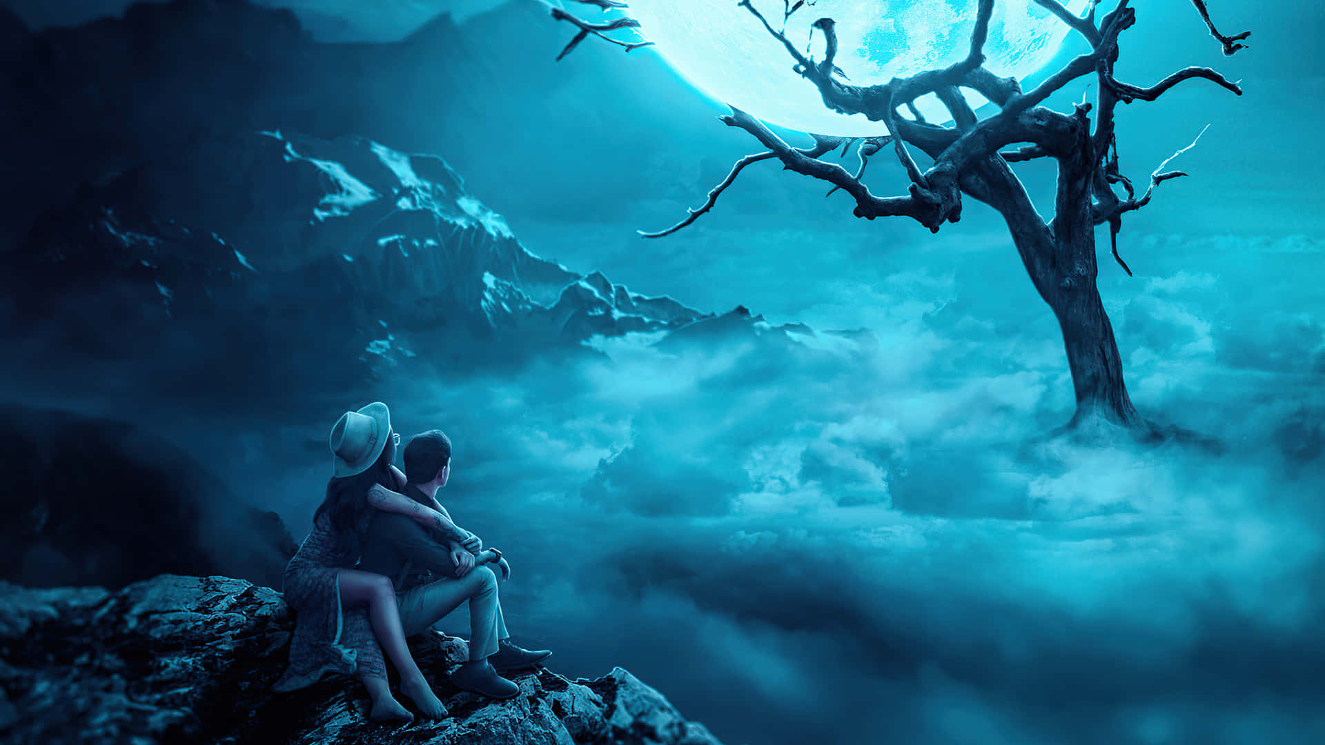 giant moon, twisted tree, clouds, Full HD Desktop Wallpaper