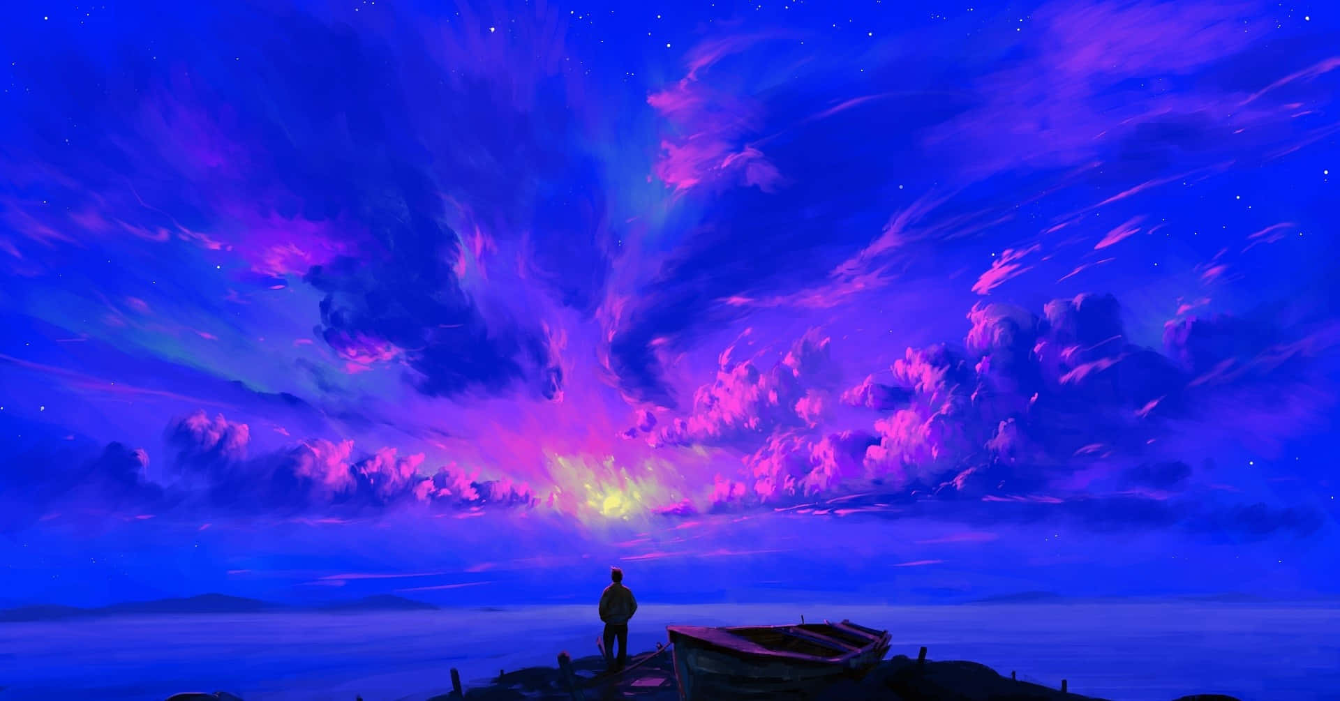 rolling clouds, vibrant purple and blue twilight sky, stars, Full HD Desktop Wallpaper