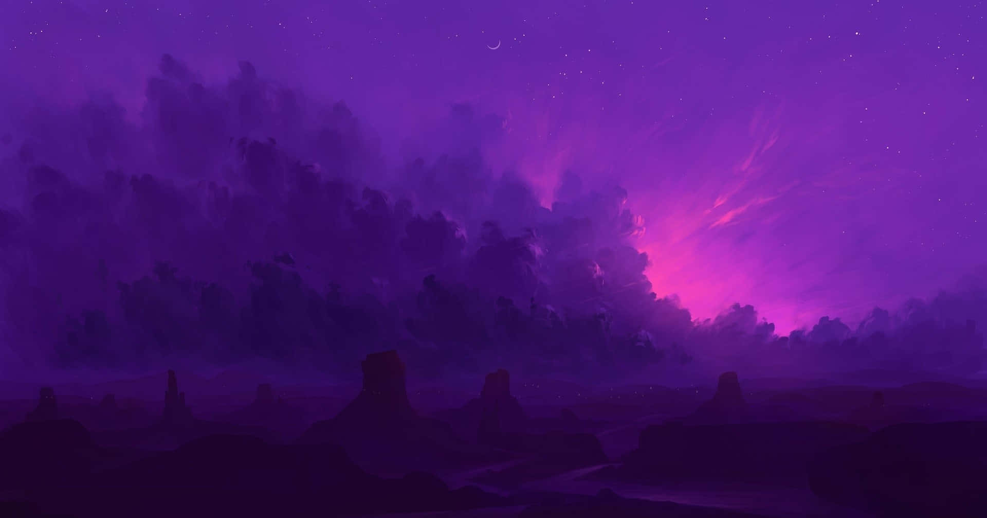 surreal purple desert landscape, starry sky, crescent moon, Full HD Desktop Wallpaper