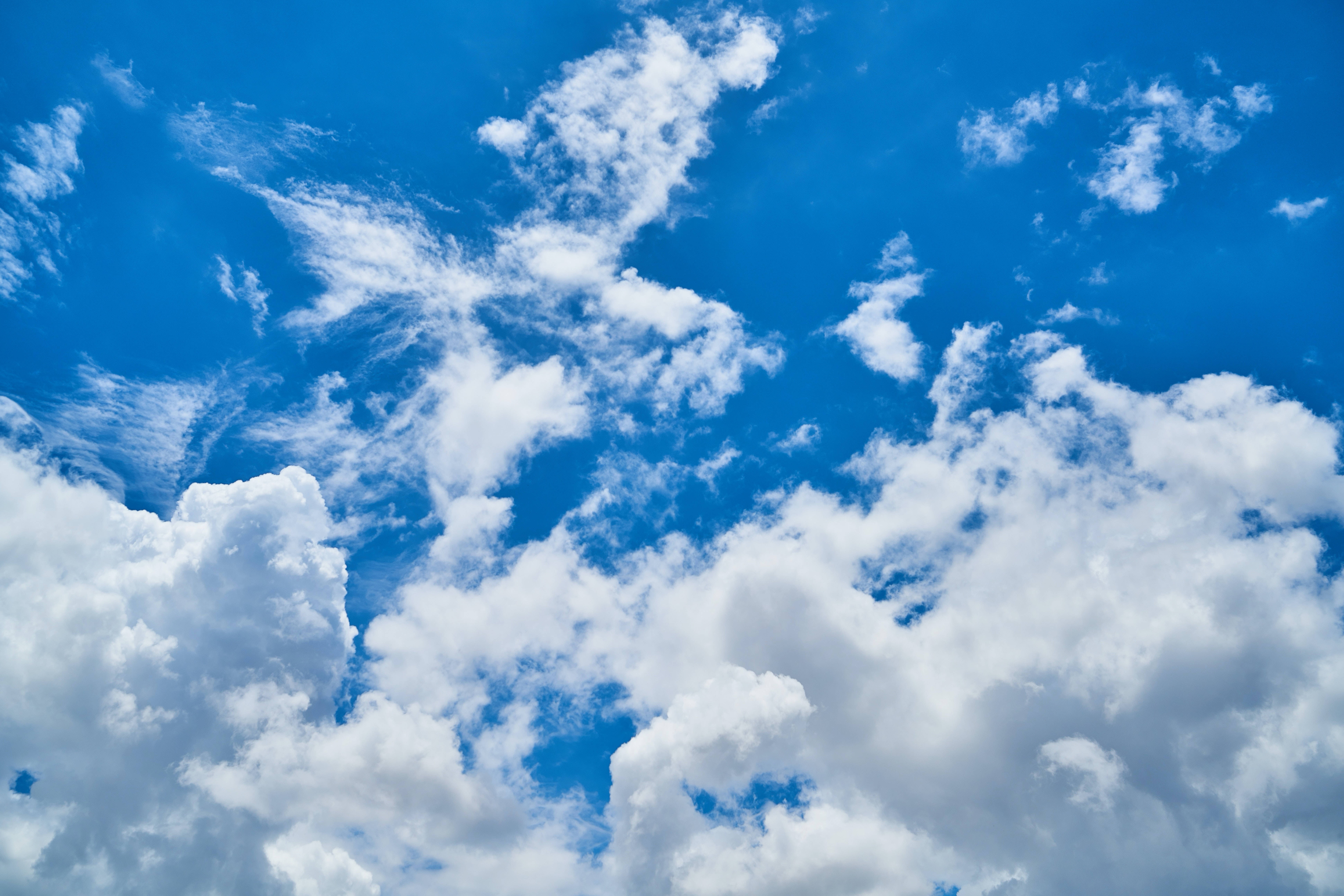 blue cloudy sky, vibrant blue sky, fluffy white clouds, 8K Desktop Wallpaper