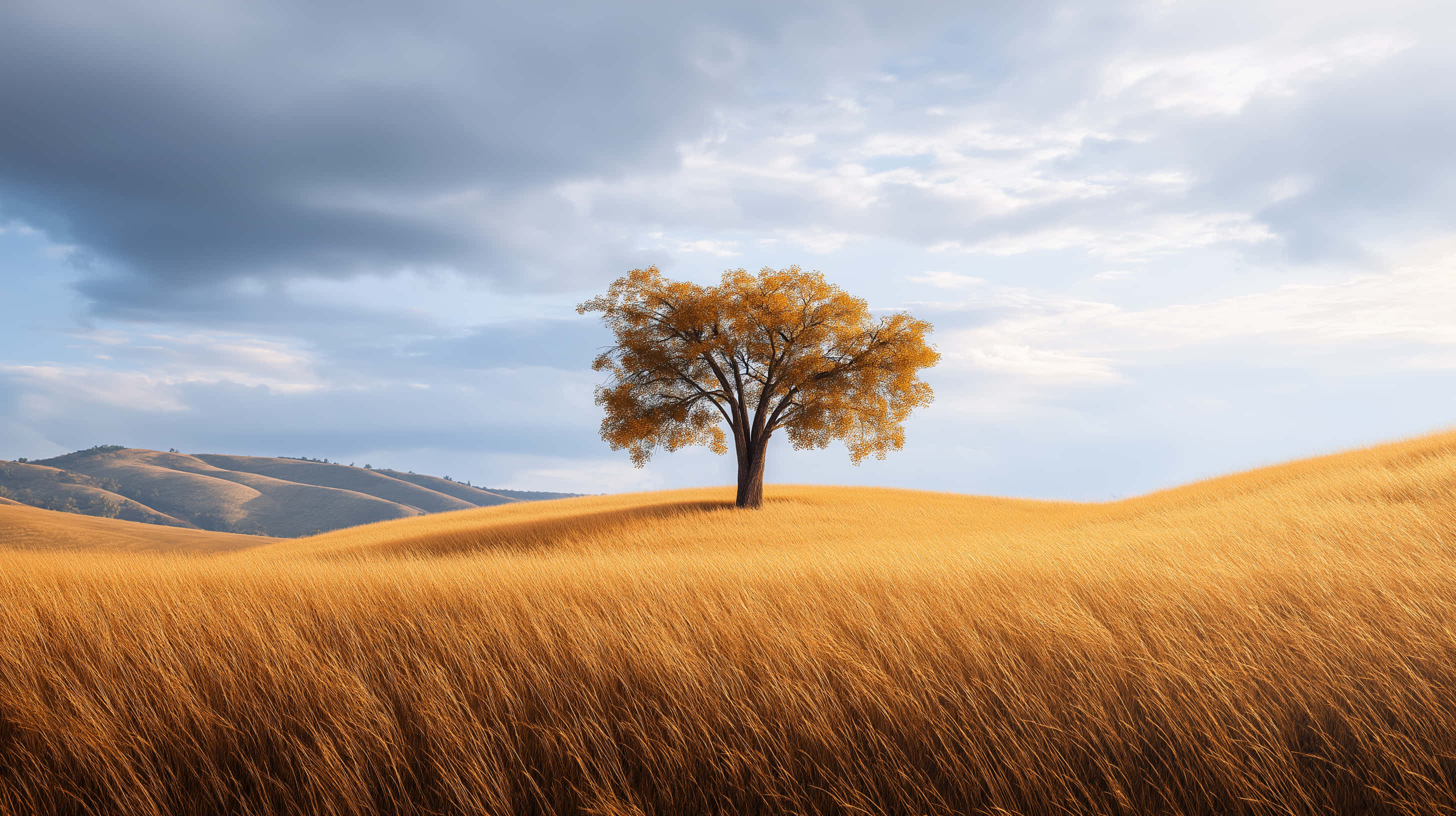 solitary tree, golden hill, sunlit hill, 2K Desktop Wallpaper