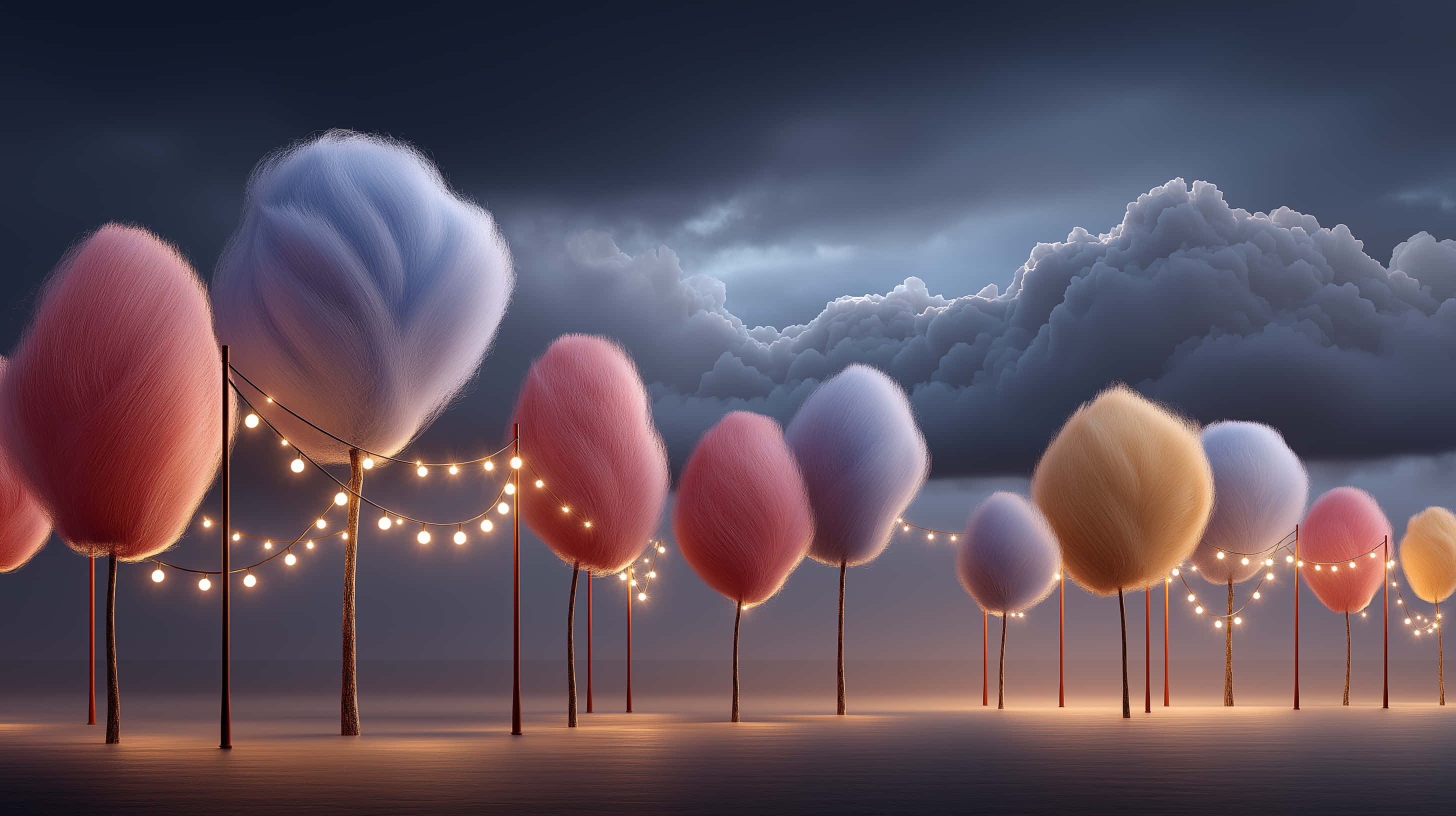 pastel cotton candy trees, string lights, stormy sky, 2K Desktop Wallpaper