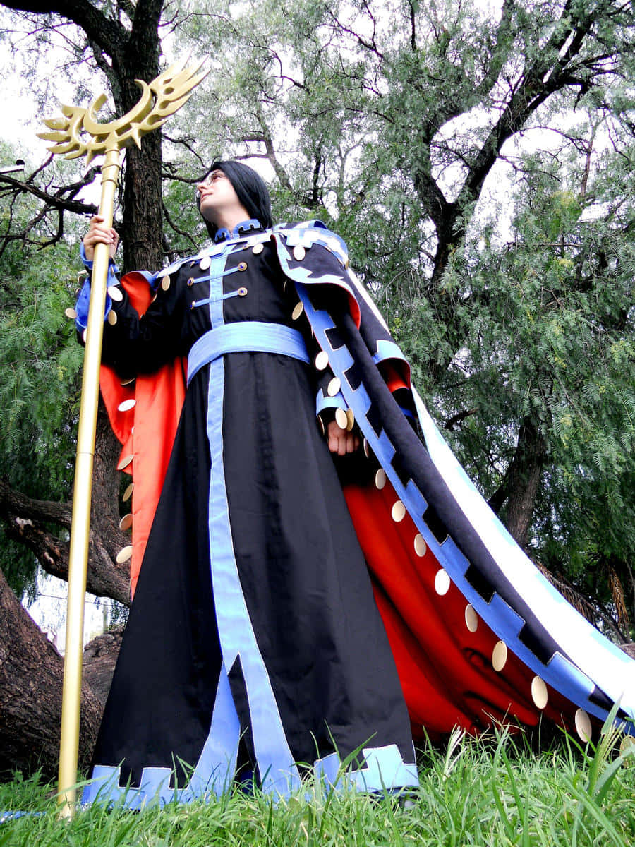 Clow Reed, black blue and red regal costume, golden staff, SD Phone Wallpaper