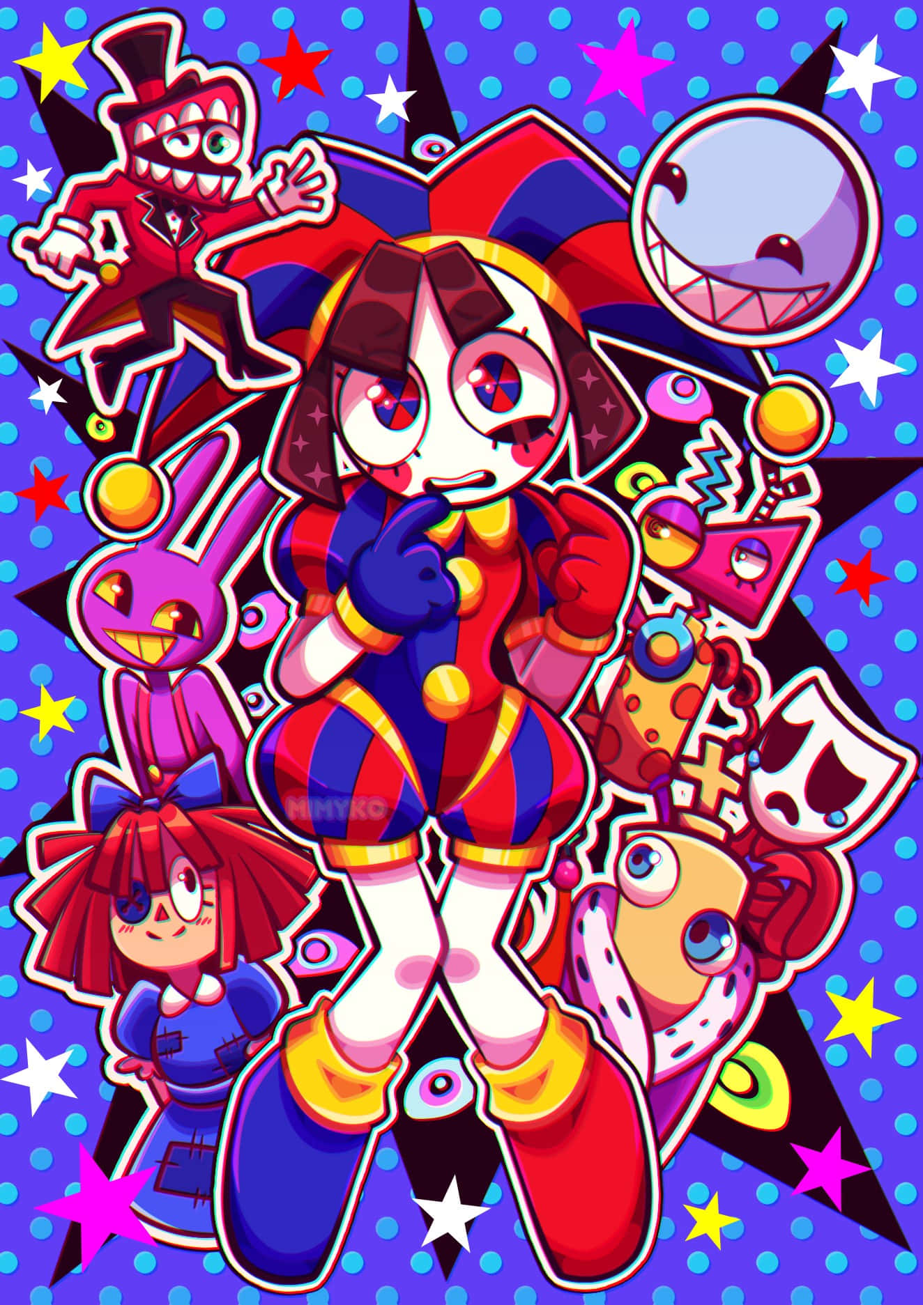 jester girl, chaotic cartoon characters, polka-dotted purple background, HD Phone Wallpaper